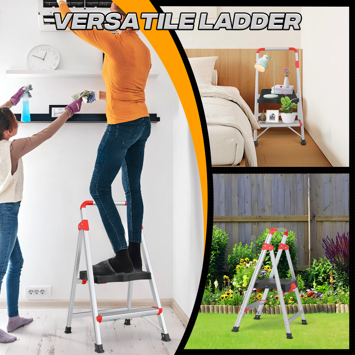 Step Ladder-2 Step-32"Height - Silver ,with Anti-Slip Step  - Aluminum+PP
