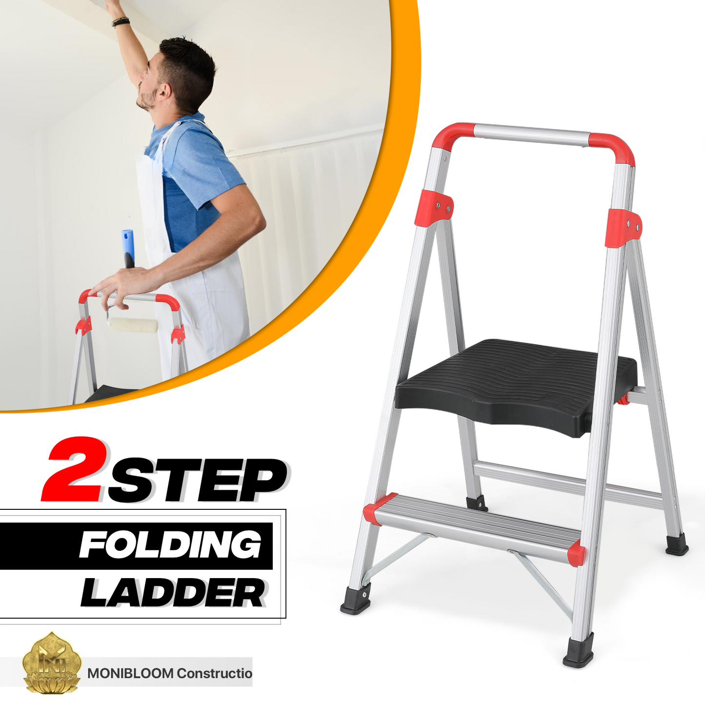 Step Ladder-2 Step-32"Height - Silver ,with Anti-Slip Step  - Aluminum+PP
