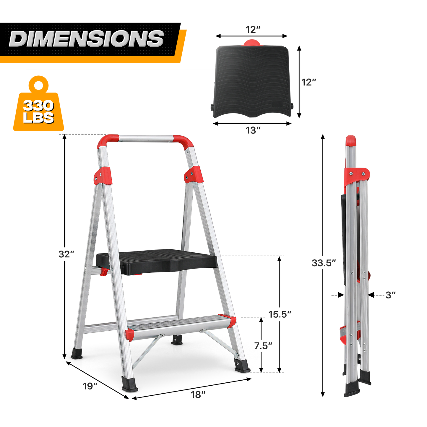 Step Ladder-2 Step-32"Height - Silver ,with Anti-Slip Step  - Aluminum+PP