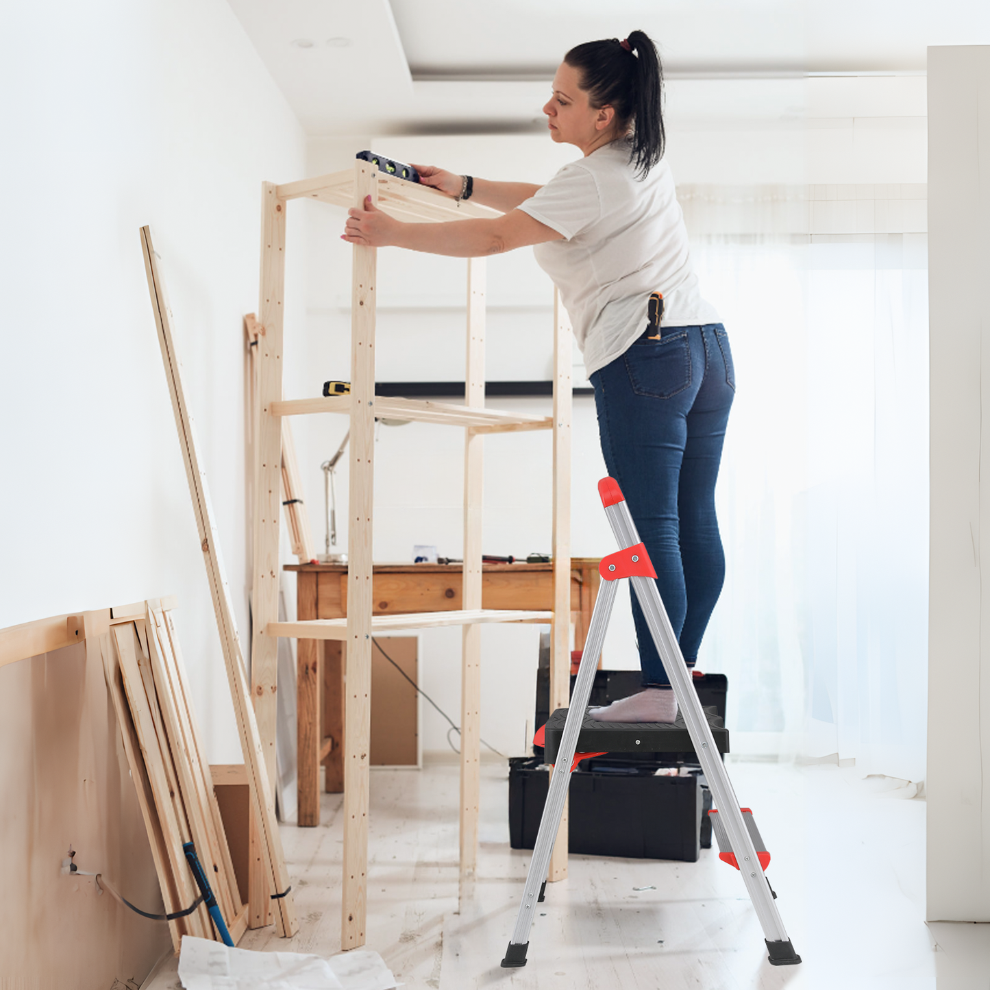 Step Ladder-2 Step-32"Height - Silver ,with Anti-Slip Step  - Aluminum+PP