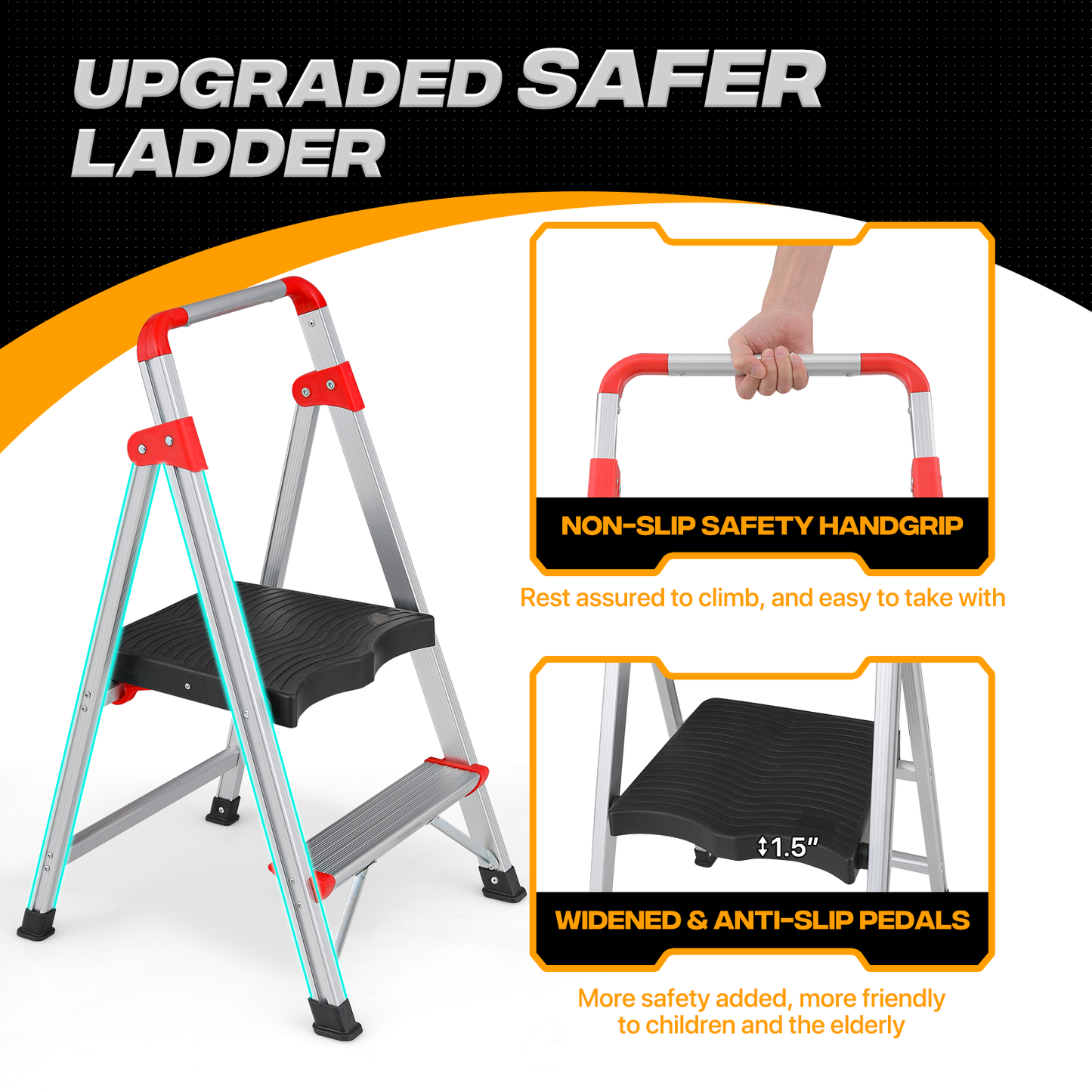 Step Ladder-2 Step-32"Height - Silver ,with Anti-Slip Step  - Aluminum+PP