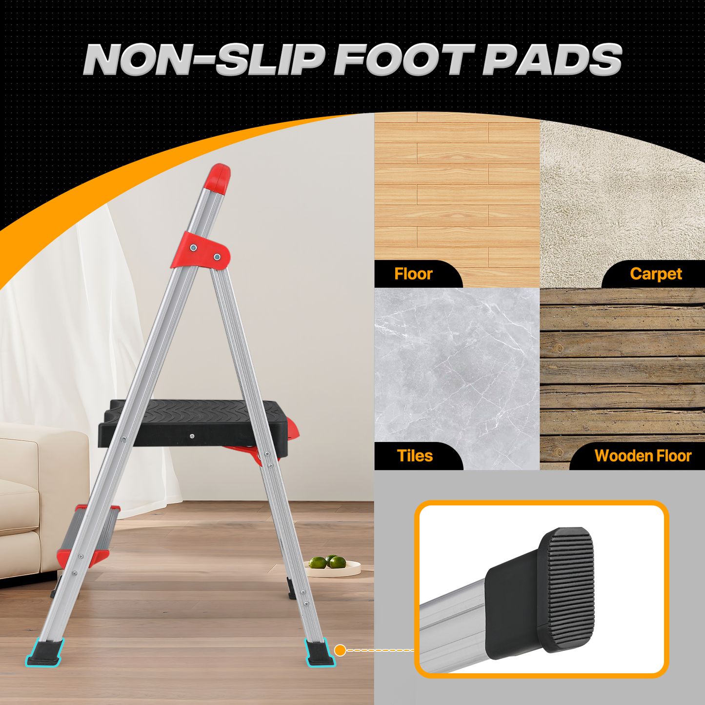 Step Ladder-2 Step-32"Height - Silver ,with Anti-Slip Step  - Aluminum+PP