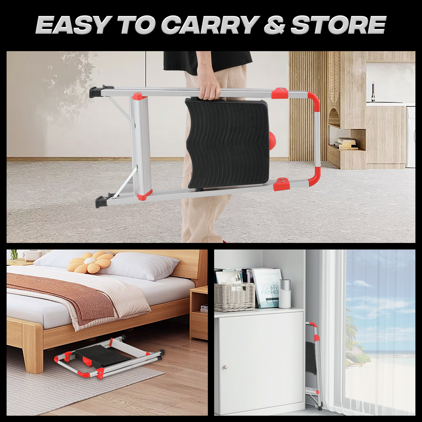 Step Ladder-2 Step-32"Height - Silver ,with Anti-Slip Step  - Aluminum+PP