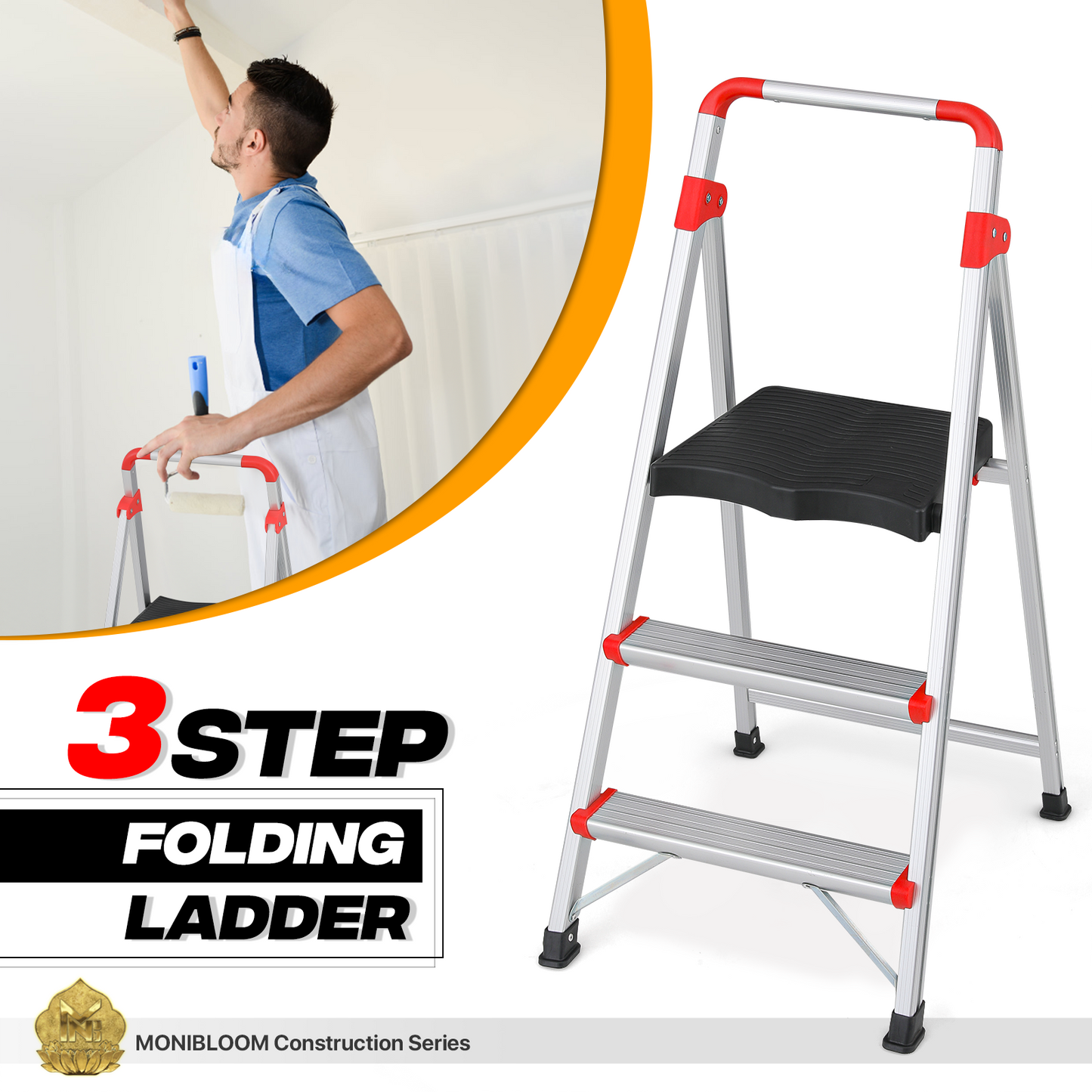 Step Ladder-3 Step-39"Height - Silver ,with Anti-Slip Step  - Aluminum+PP