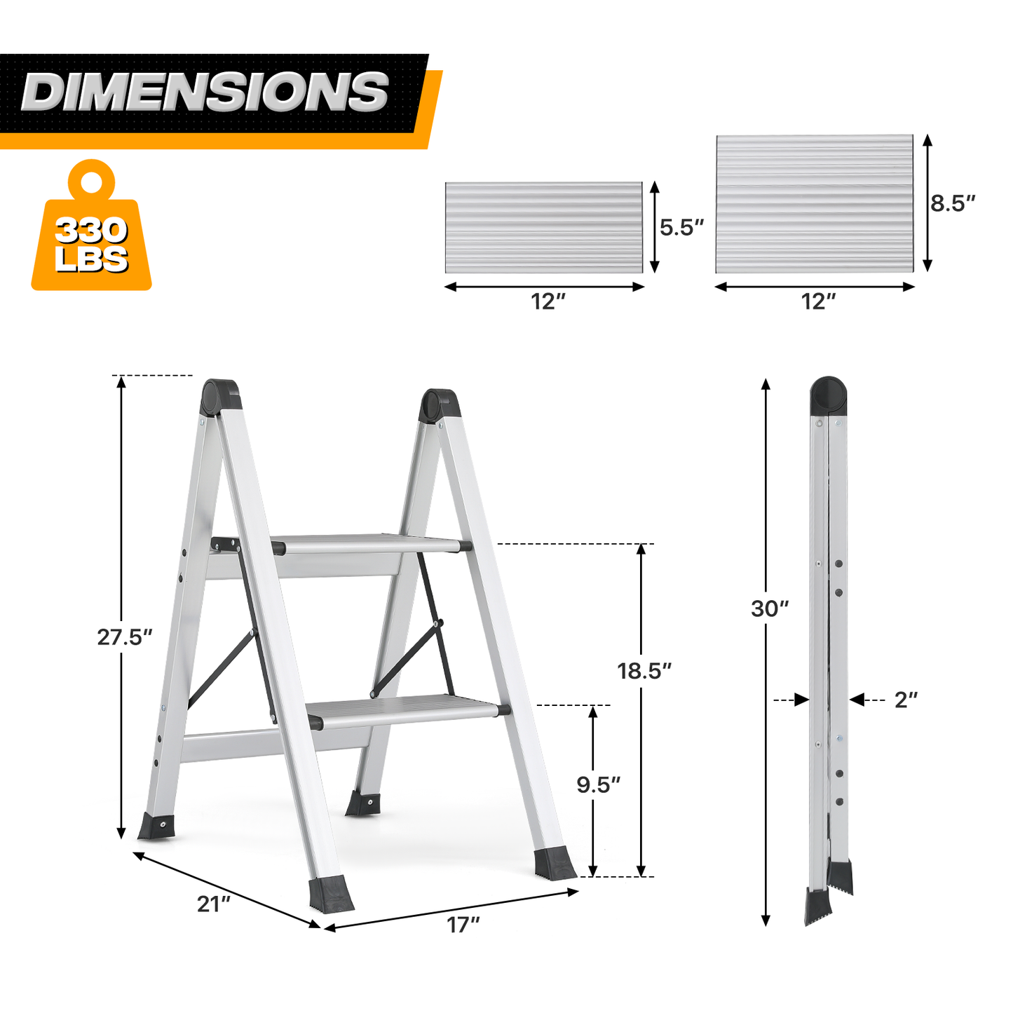 Step Ladder-2 Step-27"height - Silver - Aluminum+PP