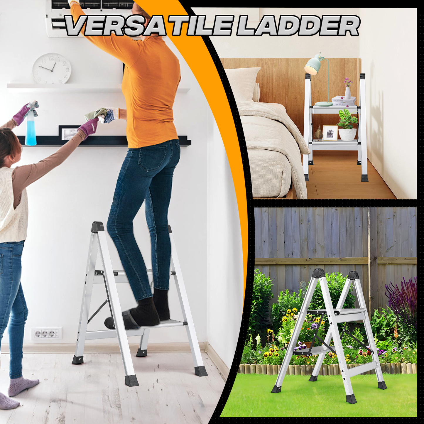 Step Ladder-2 Step-27"height - Silver - Aluminum+PP