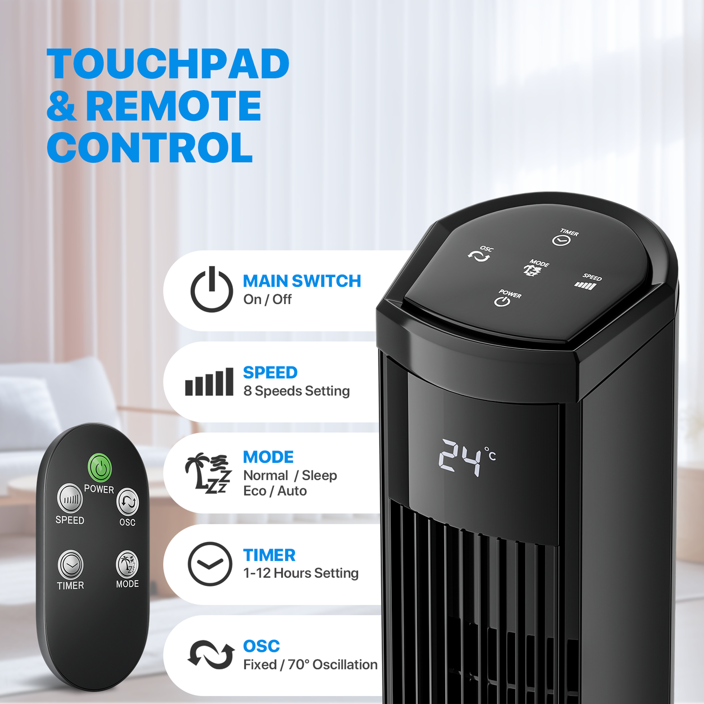 38" Tower Fan - 8 Speeds 4 Modes - Room Temperature Display