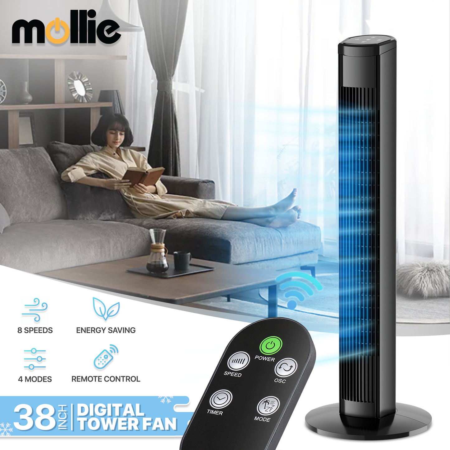 38" Tower Fan - 8 Speeds 4 Modes - Room Temperature Display