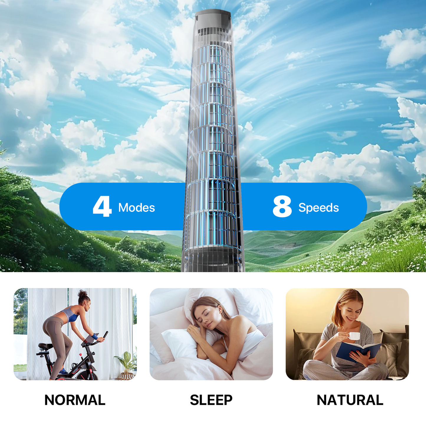 38" Tower Fan - 8 Speeds 4 Modes - Room Temperature Display