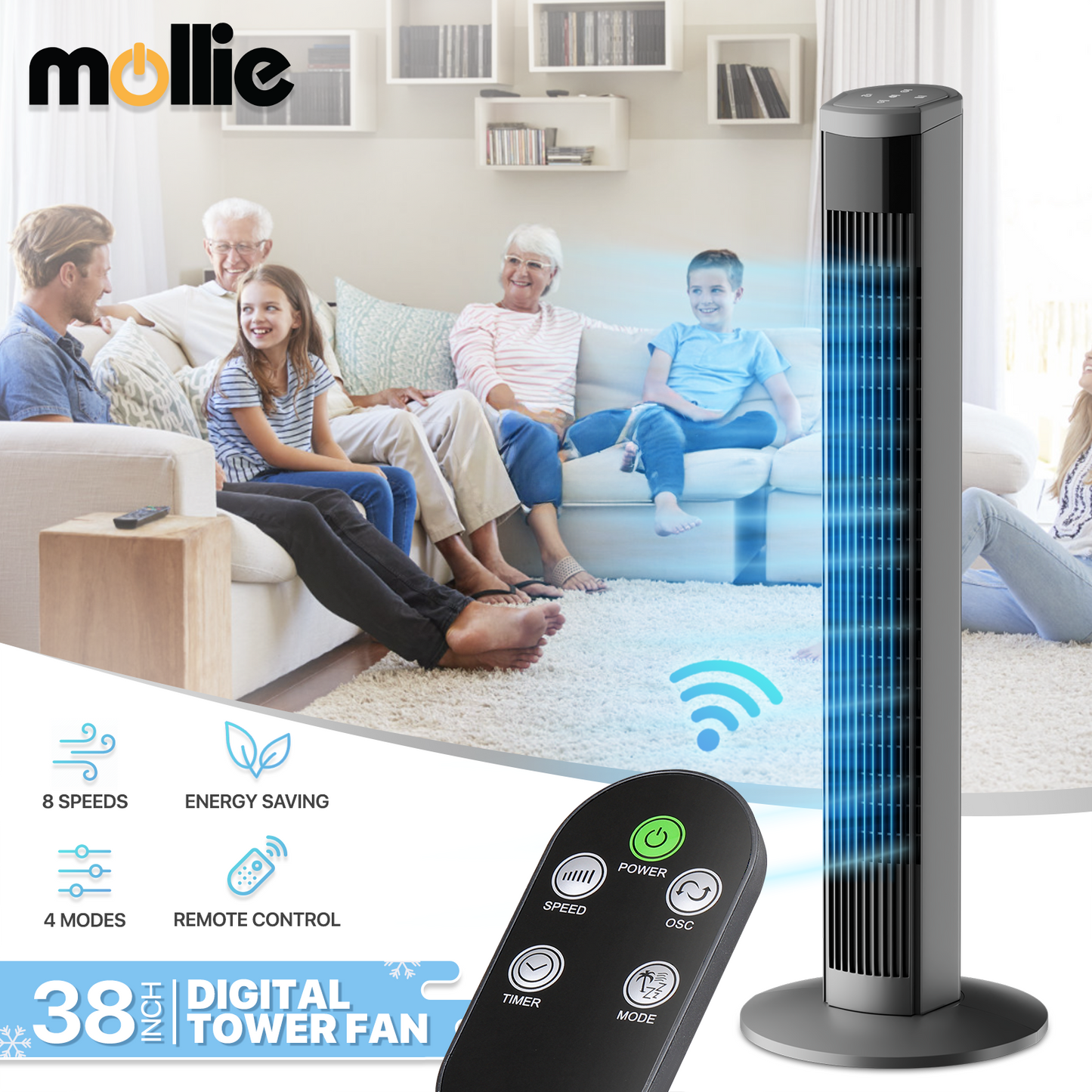 38" Tower Fan - 8 Speeds 4 Modes - Room Temperature Display
