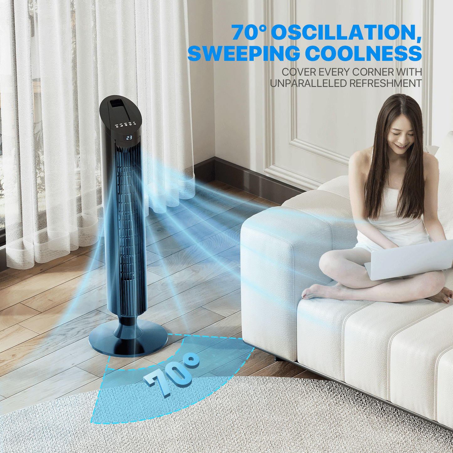 34" Tower Fan - 3 Speeds 3 Modes - Room Temperature Display