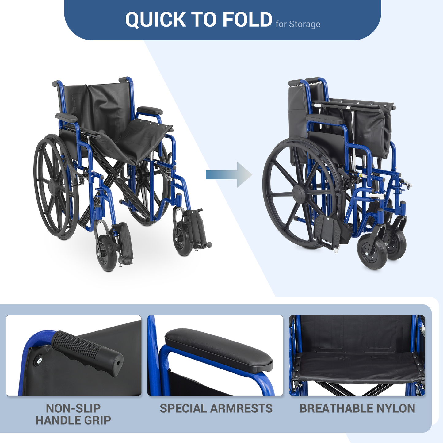 Wheelchair 500 lbs Capacity - Steel Frame PU Seat - 7.5'' Front & 24'' Rear Wheel - 24*17.5'' Seat Size - Blue Frame