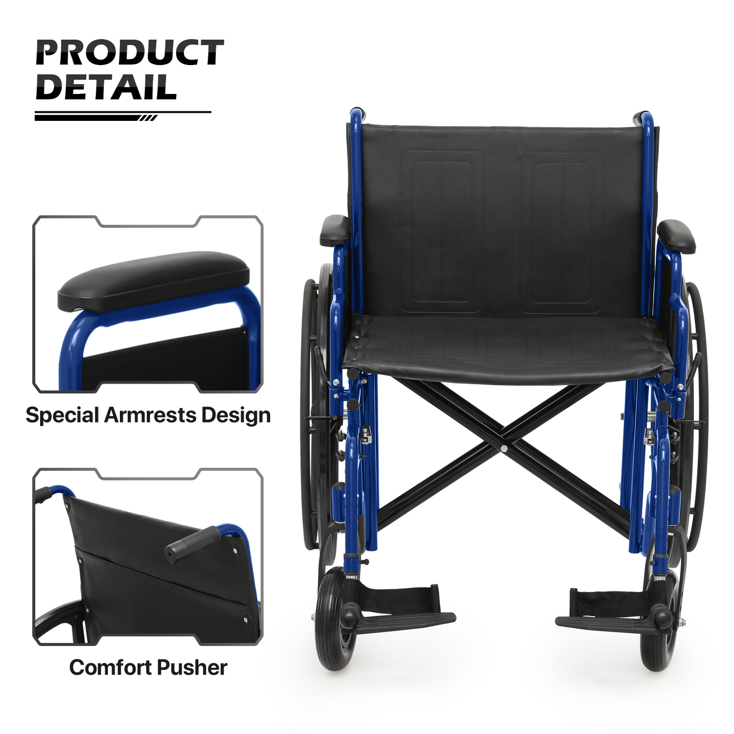 Wheelchair 500 lbs Capacity - Steel Frame PU Seat - 7.5'' Front & 24'' Rear Wheel - 24*17.5'' Seat Size - Blue Frame
