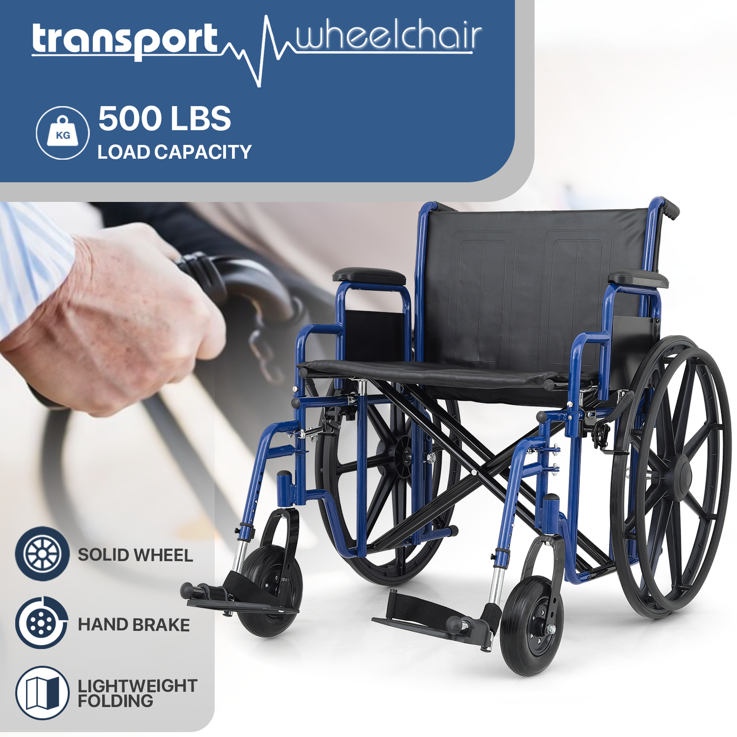 Wheelchair 500 lbs Capacity - Steel Frame PU Seat - 7.5'' Front & 24'' Rear Wheel - 24*17.5'' Seat Size - Blue Frame
