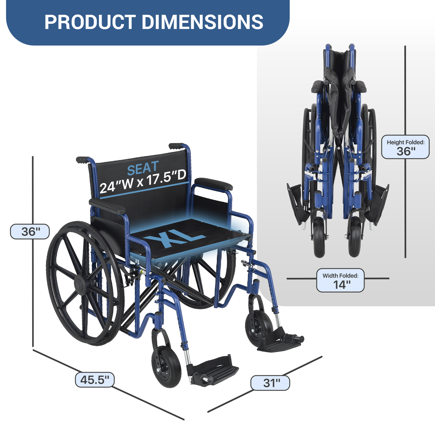 Wheelchair 500 lbs Capacity - Steel Frame PU Seat - 7.5'' Front & 24'' Rear Wheel - 24*17.5'' Seat Size - Blue Frame