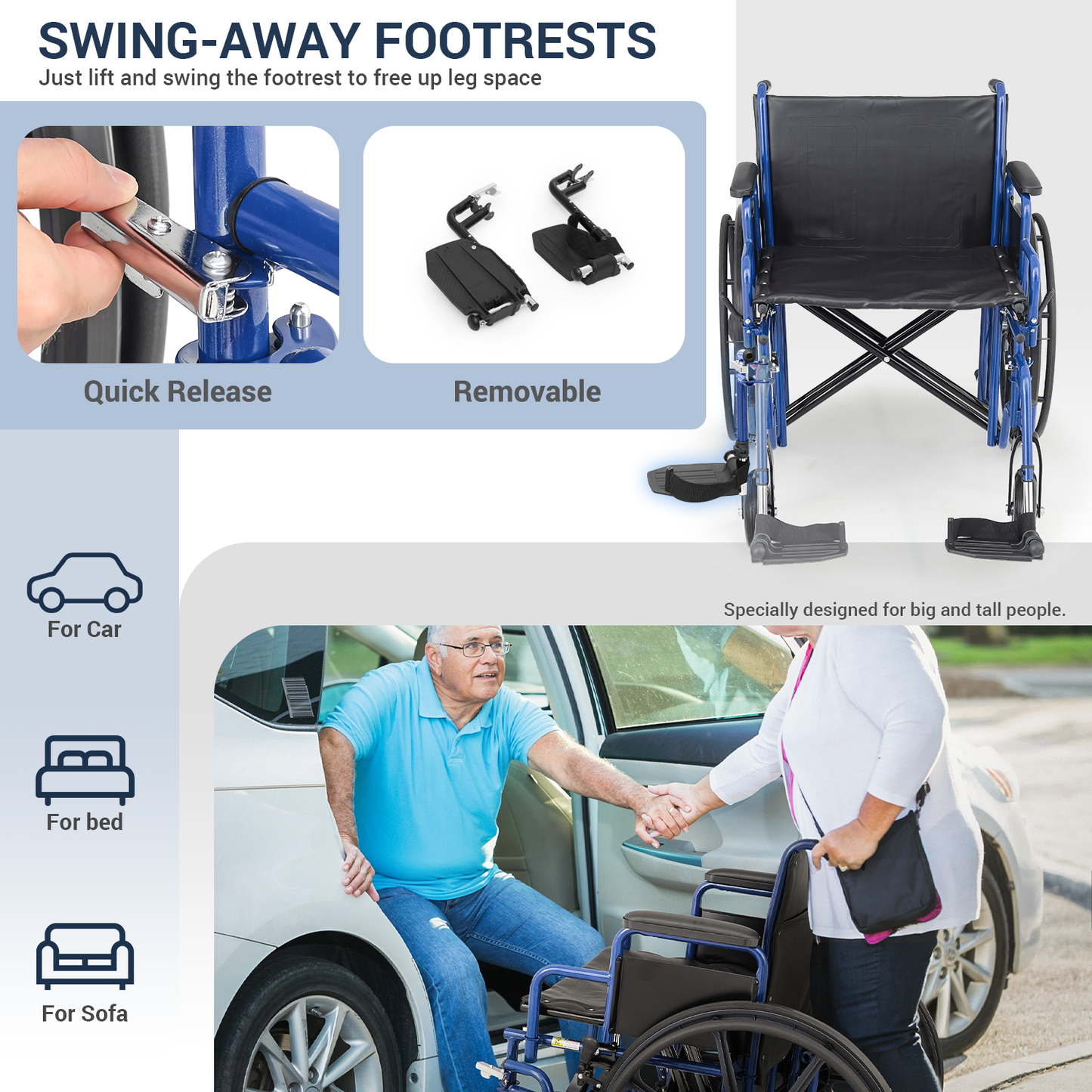 Wheelchair 500 lbs Capacity - Steel Frame PU Seat - 7.5'' Front & 24'' Rear Wheel - 24*17.5'' Seat Size - Blue Frame