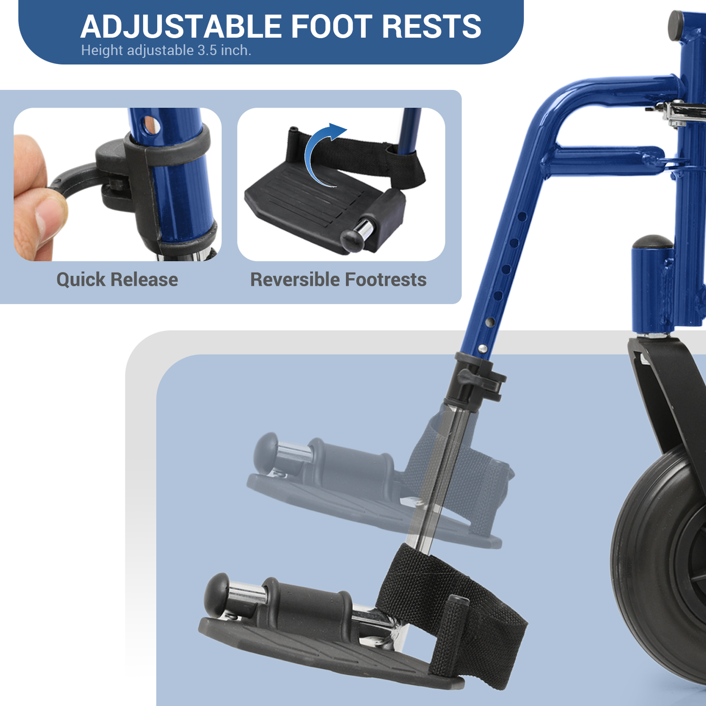 Wheelchair 500 lbs Capacity - Steel Frame PU Seat - 7.5'' Front & 24'' Rear Wheel - 24*17.5'' Seat Size - Blue Frame