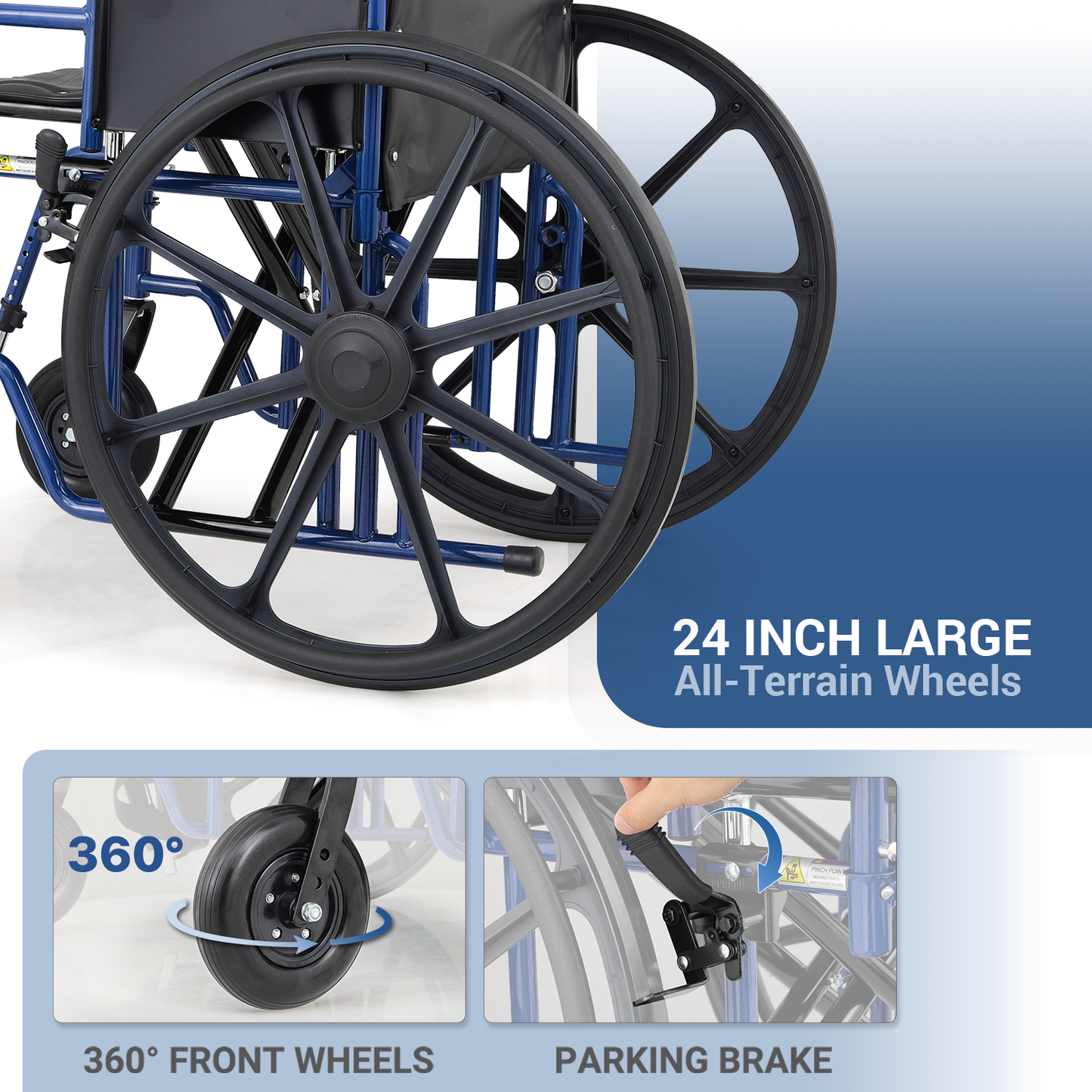 Wheelchair 500 lbs Capacity - Steel Frame PU Seat - 7.5'' Front & 24'' Rear Wheel - 24*17.5'' Seat Size - Blue Frame