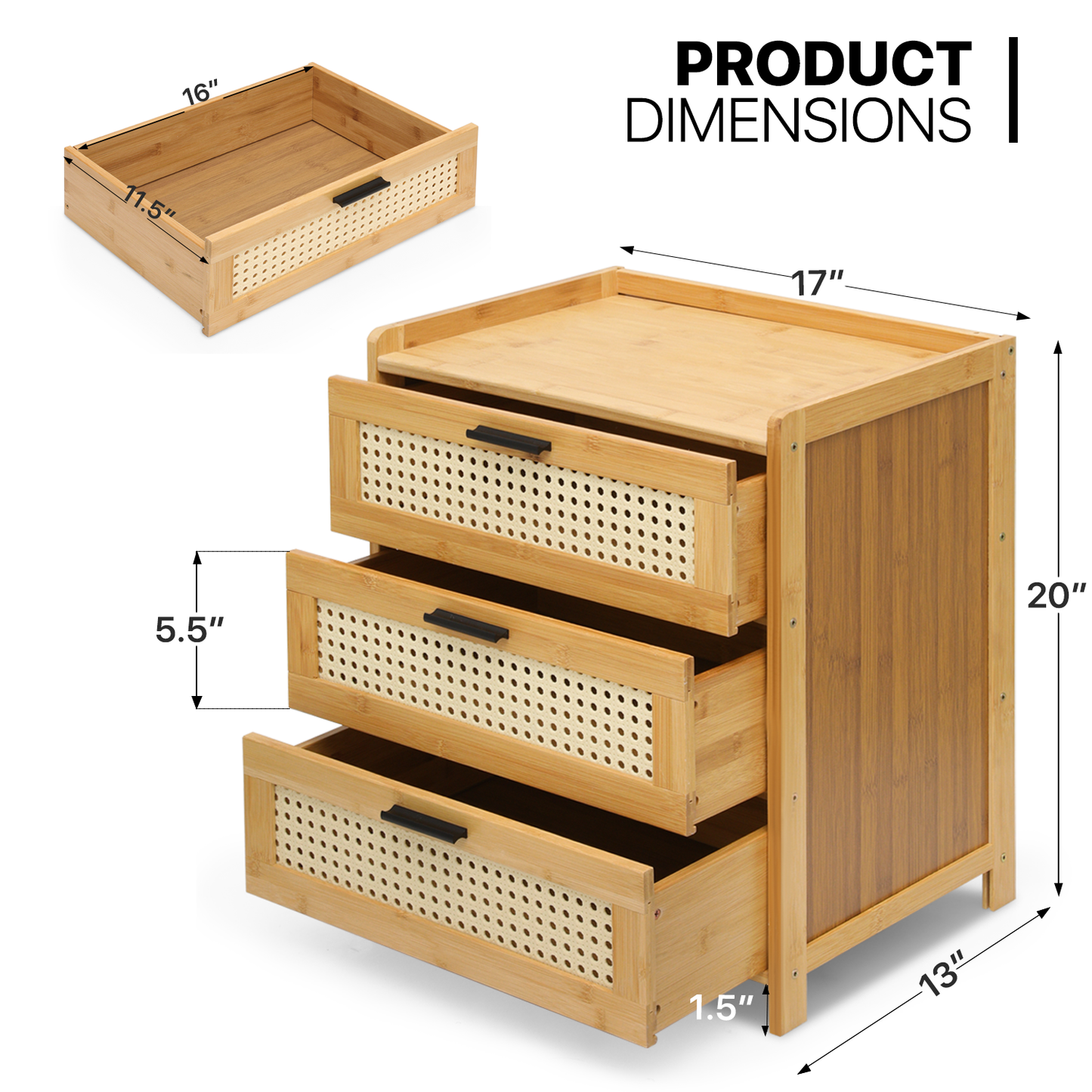 17" Bedside Table / Nightstand - 3 drawers - Natural