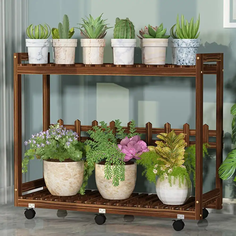 37"Carbonized Wood 2-Tier Rolling Plant Stand