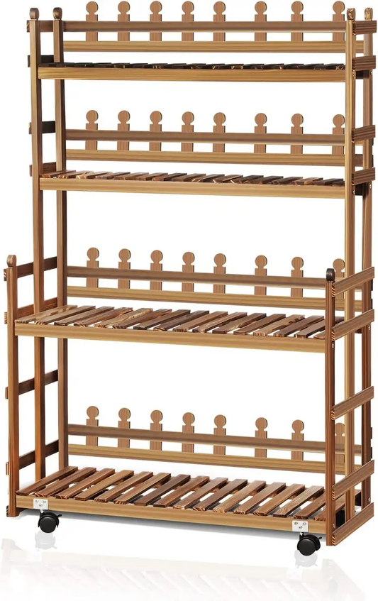 4-Tier Carbonized Wooden Rolling Plant Rack