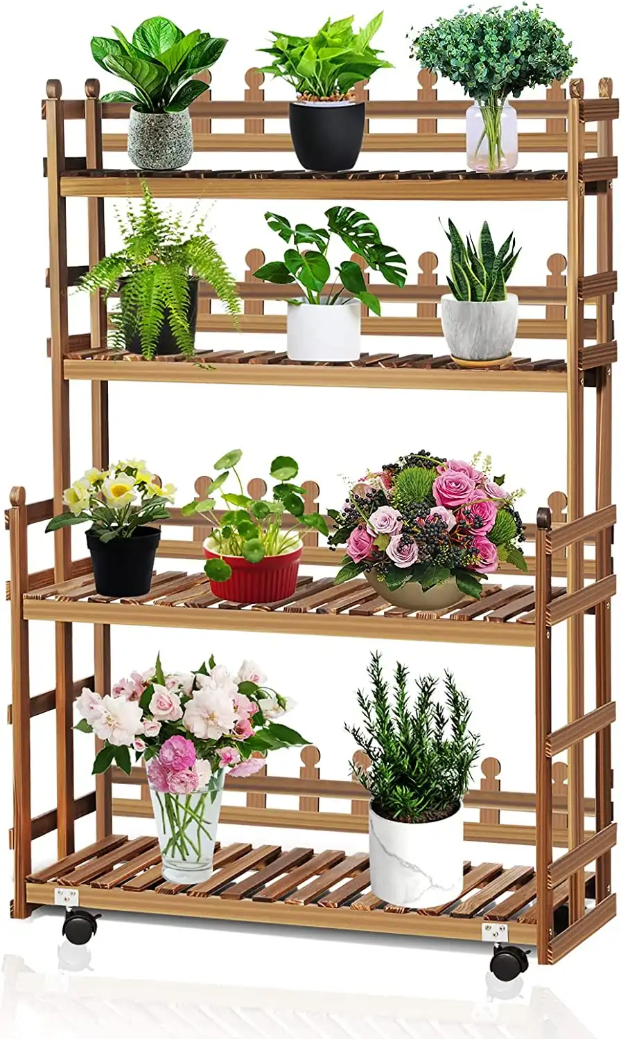 4-Tier Carbonized Wooden Rolling Plant Rack