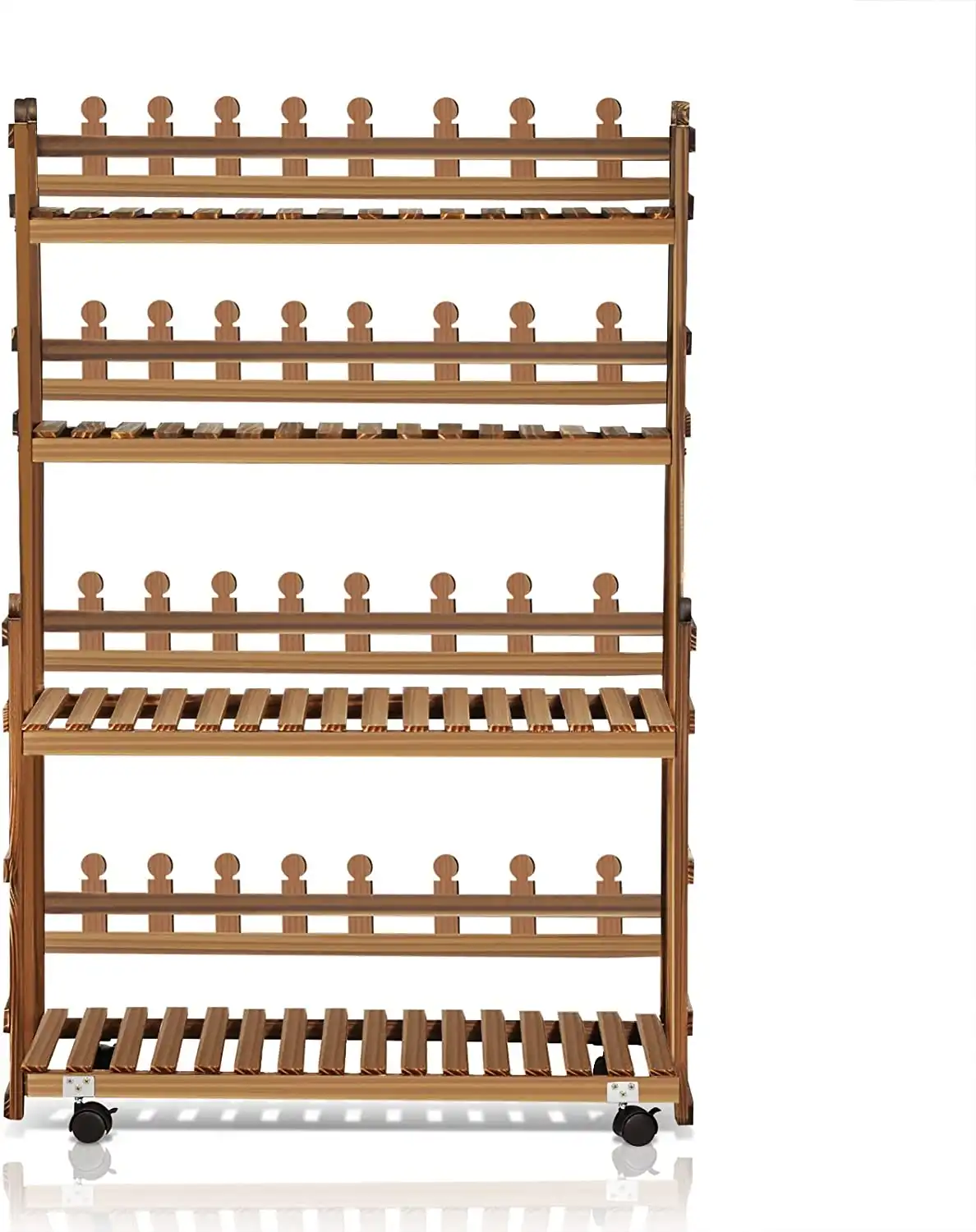 4-Tier Carbonized Wooden Rolling Plant Rack
