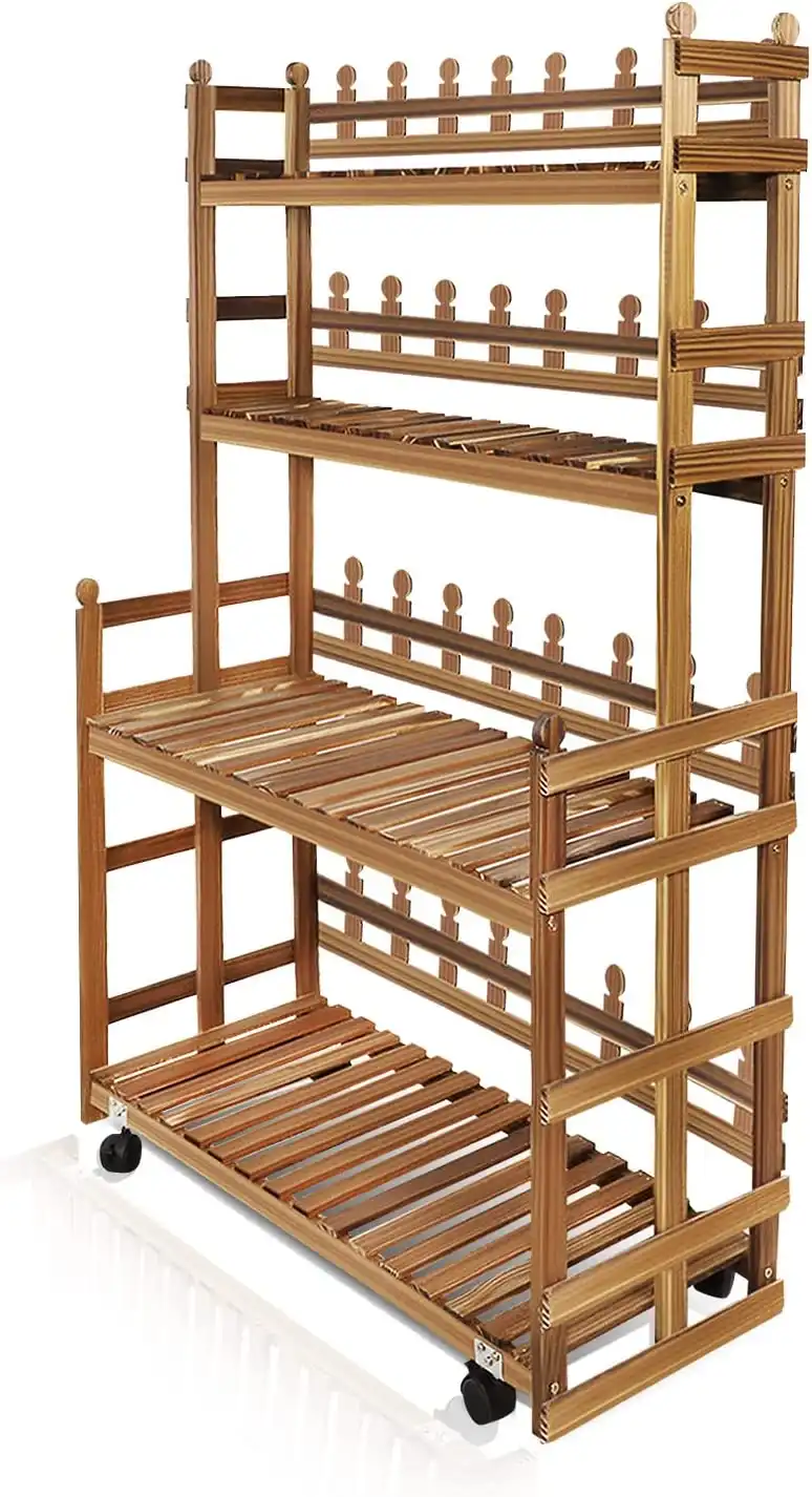 4-Tier Carbonized Wooden Rolling Plant Rack