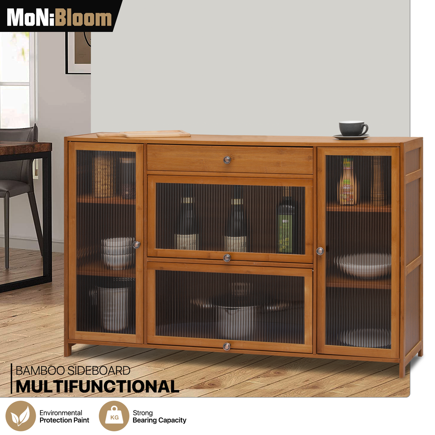 53" Sideboard - 34''Height - 3 Tiers 4 Doors - Brown