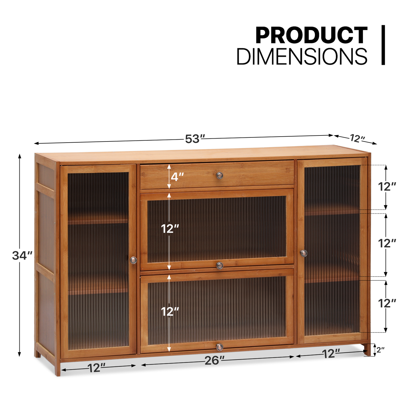 53" Sideboard - 34''Height - 3 Tiers 4 Doors - Brown