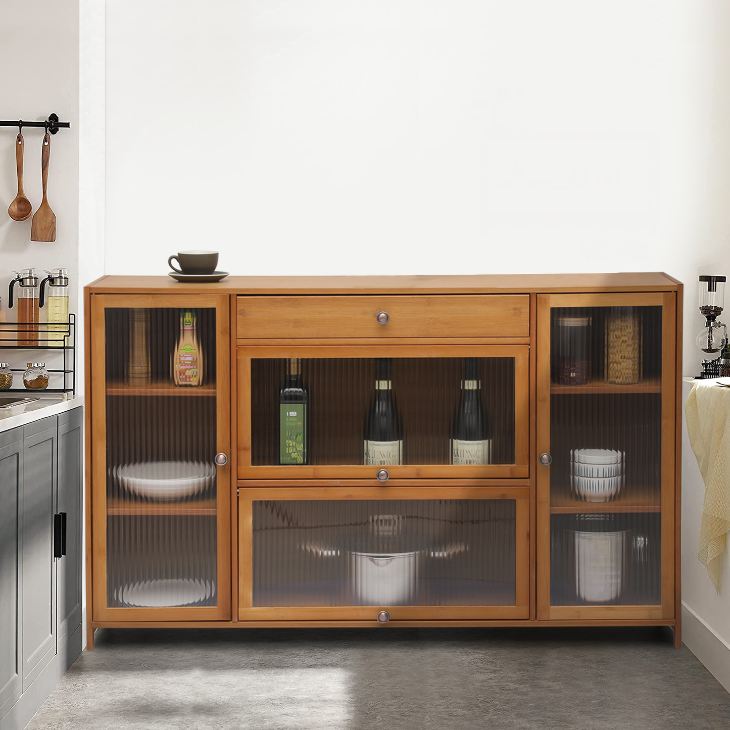 53" Sideboard - 34''Height - 3 Tiers 4 Doors - Brown