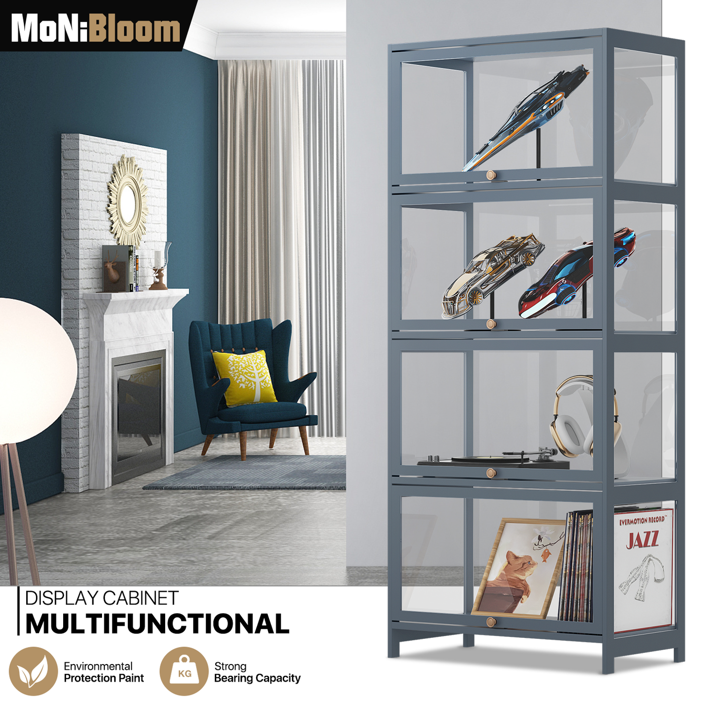 23" Filp Up Acrylic Door Showcase - 55''Height - 4 Tiers - Grey