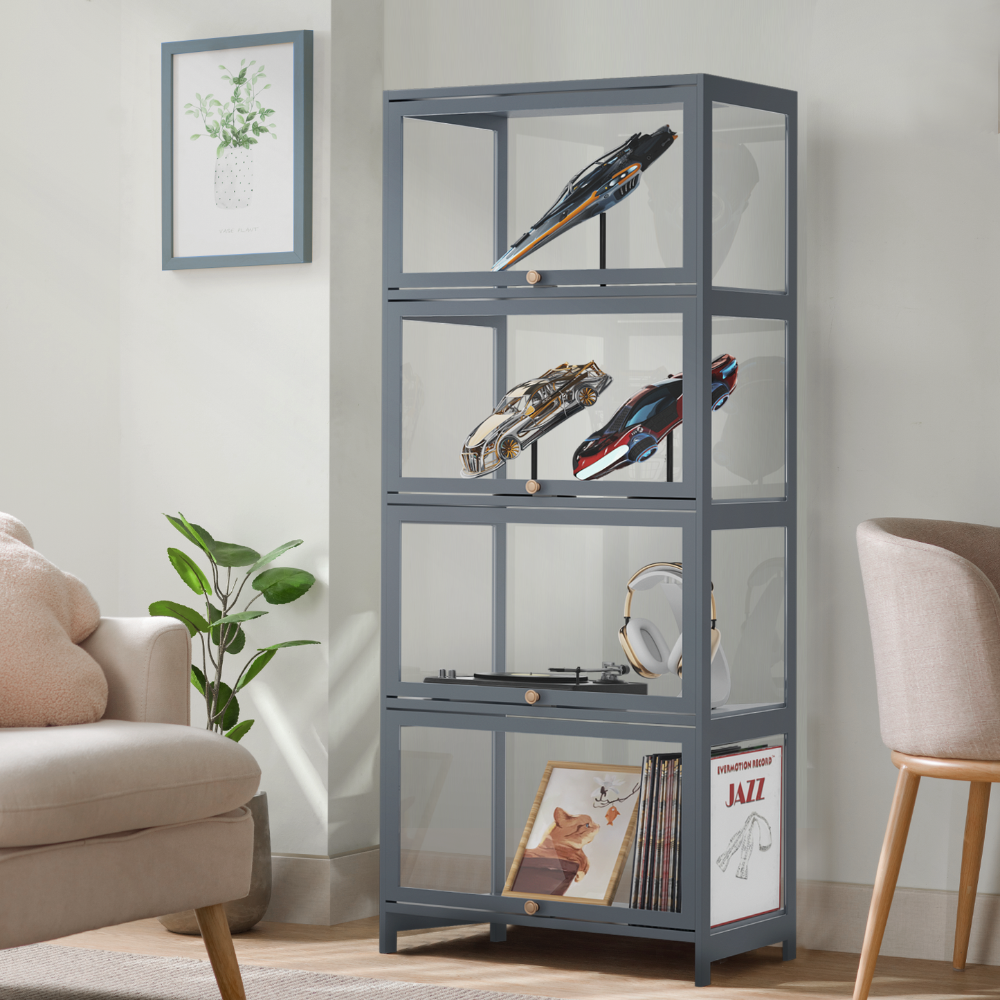 23" Filp Up Acrylic Door Showcase - 55''Height - 4 Tiers - Grey