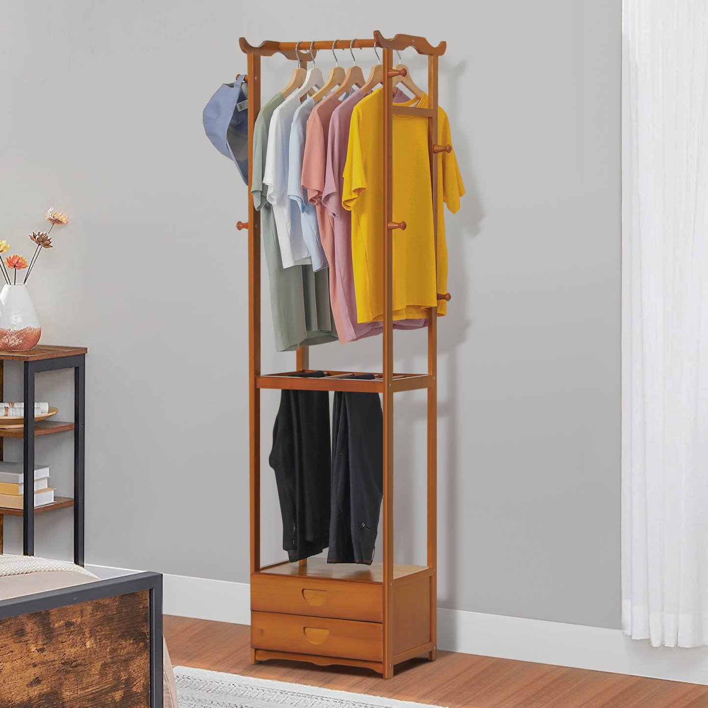 Double Drawer Garment Hanging Stand - with Pants Rack - Brown