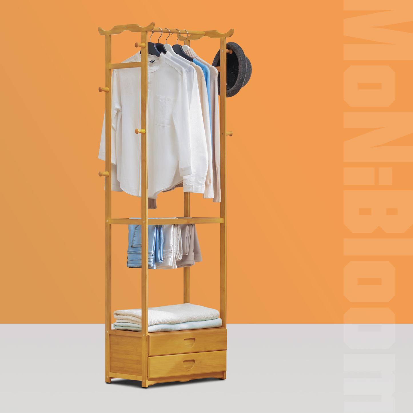 Double Drawer Garment Hanging Stand - with Pants Rack - Natural