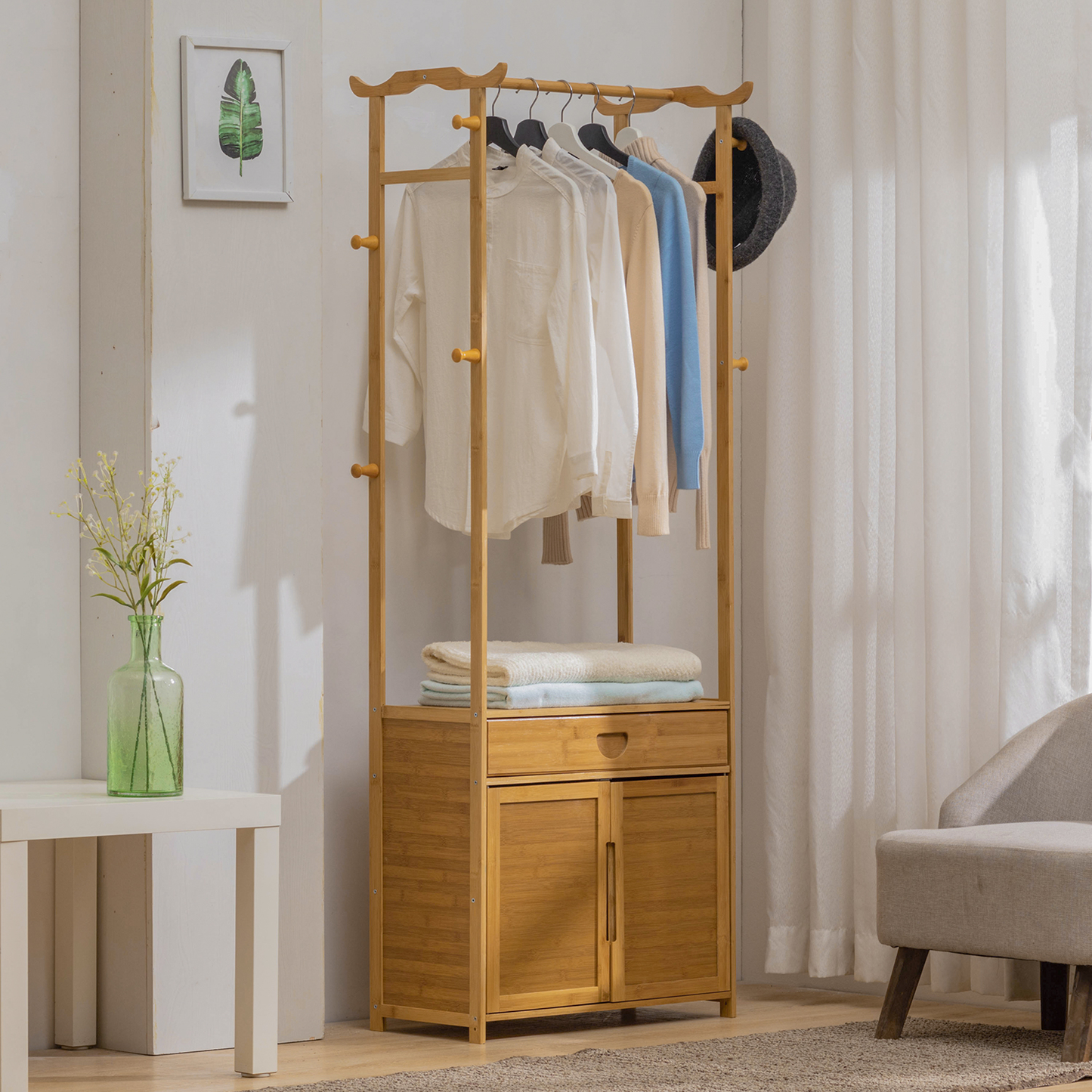 Garment Hanging Stand Rack - Double Door - with Drawer