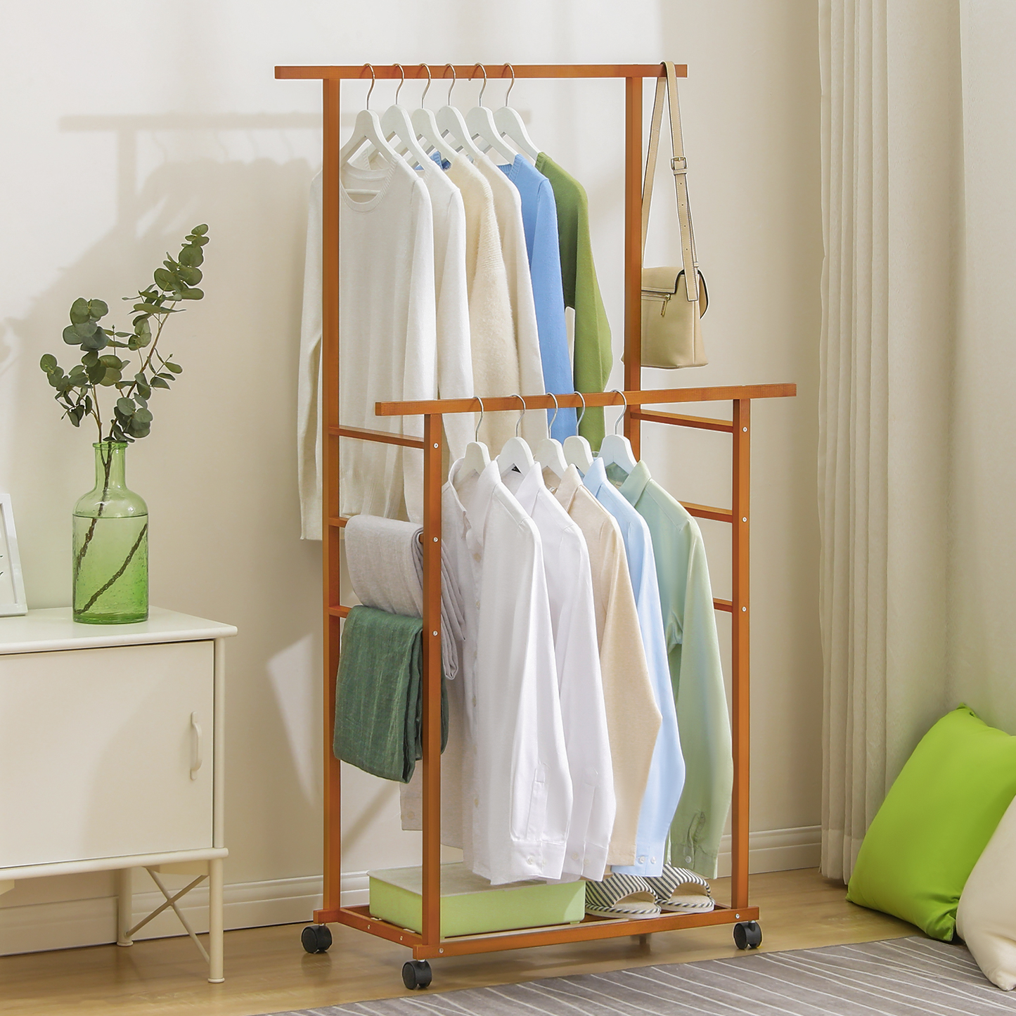 Sliding Garment Double Hanging Clothes Rack - Brown