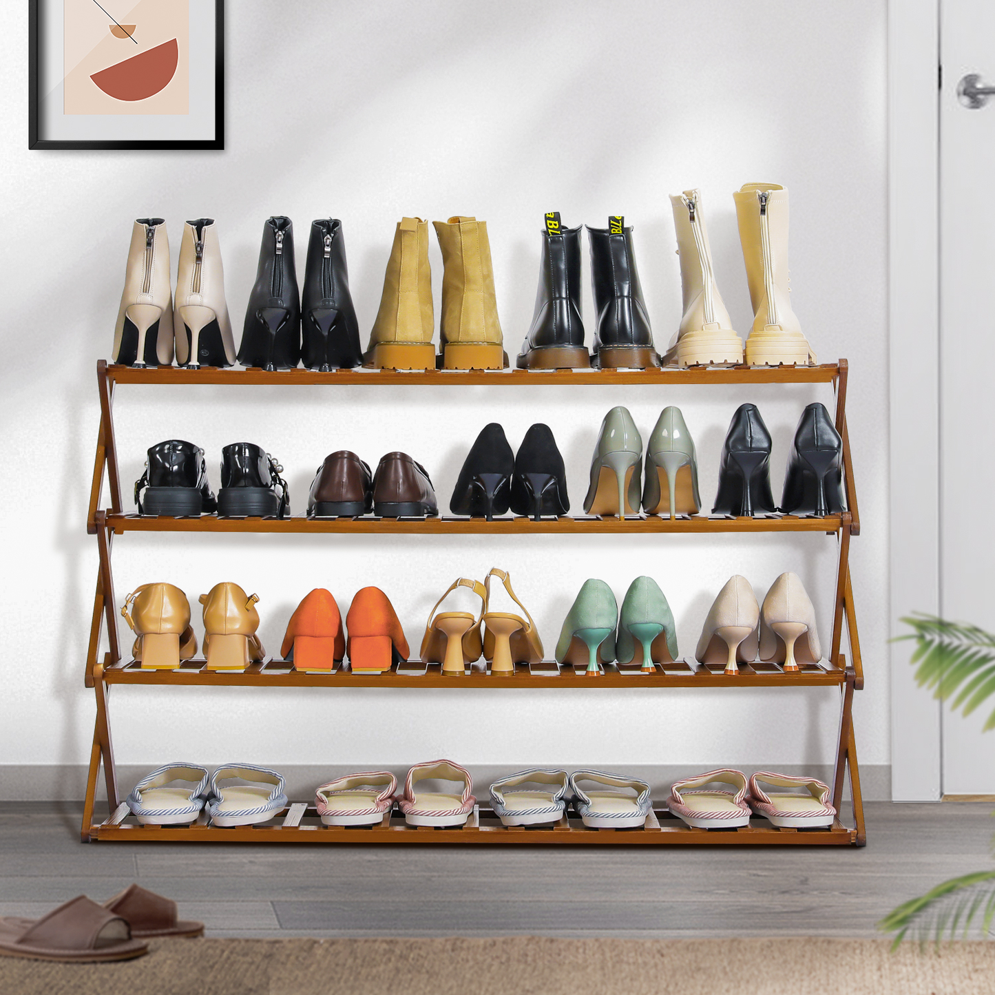 Foldable Multifunctional Shoe Rack Organizer - 4 Tier - Brown