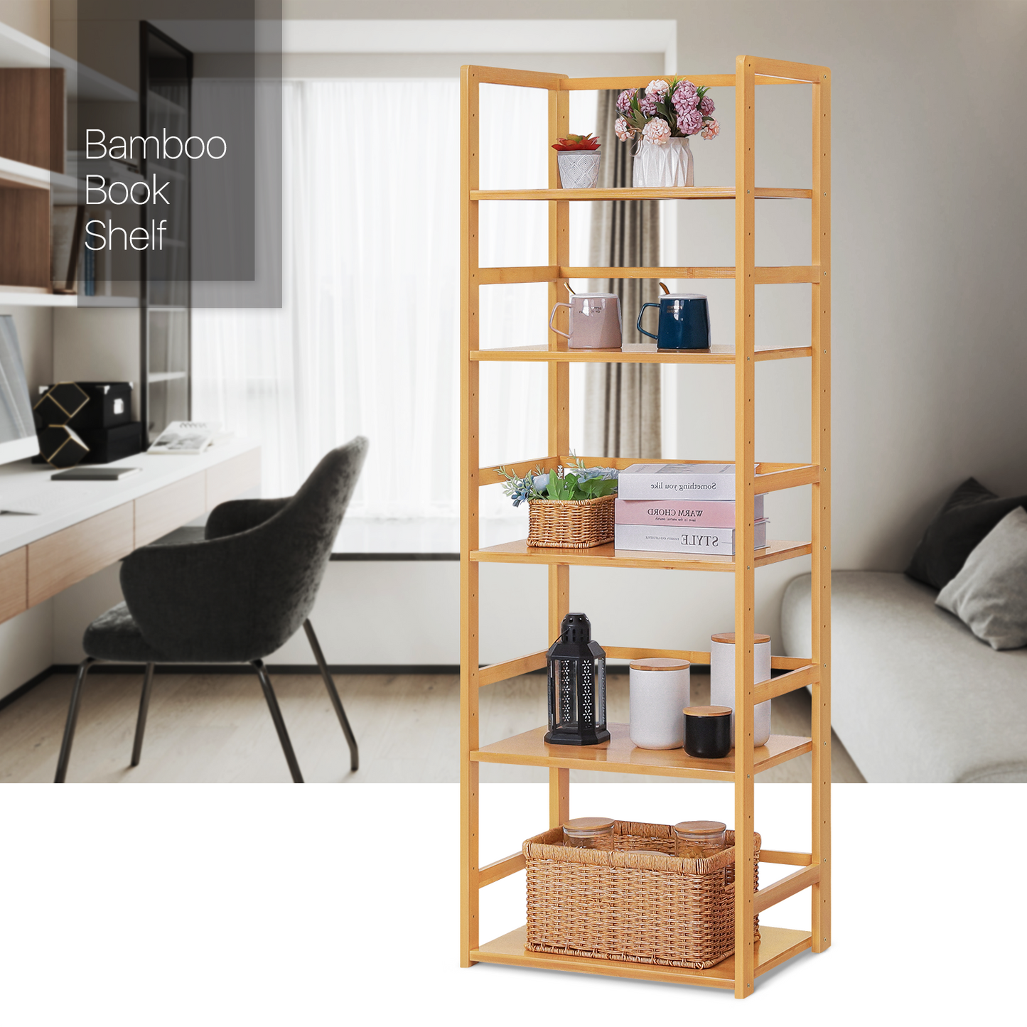 Adjustable Stand Alone Multi-Functional Shelf - 5 Tier - Natural