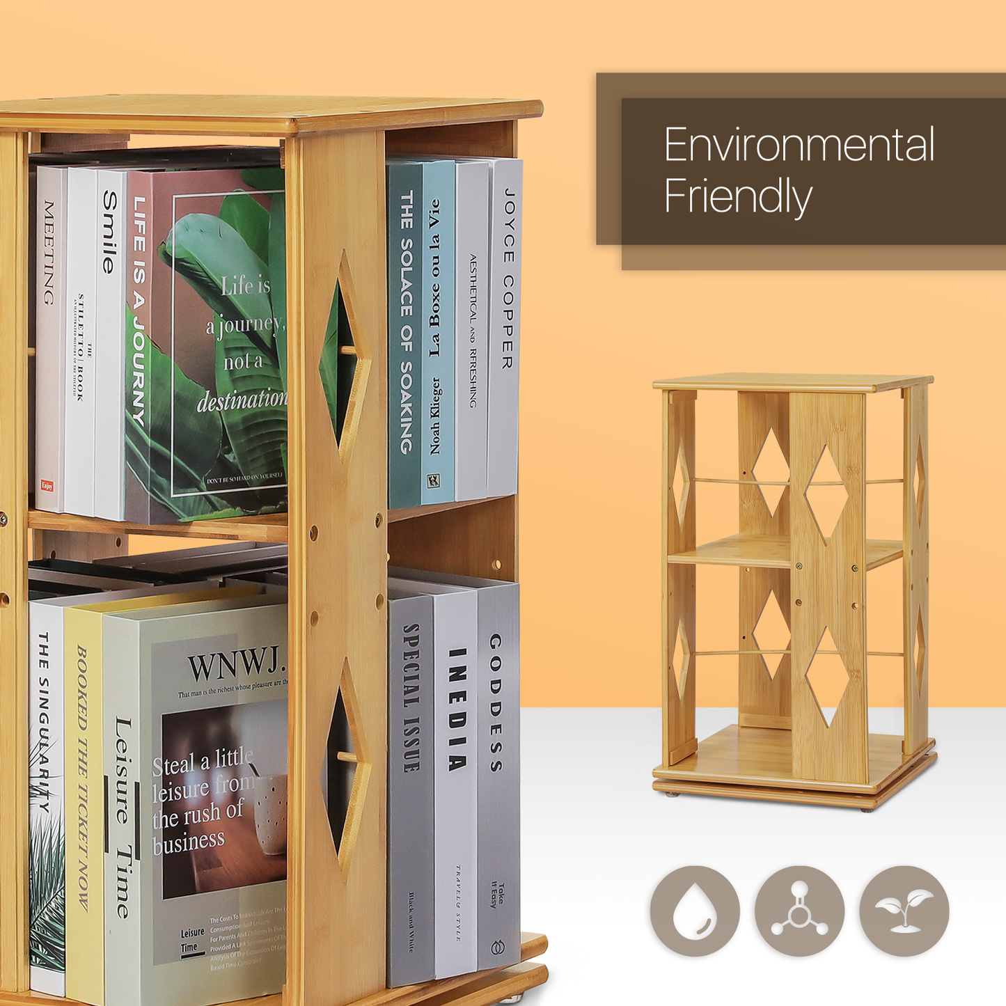 360° Swivel Bookshelf - Diamond Hollow Pattern - 15" - Natural