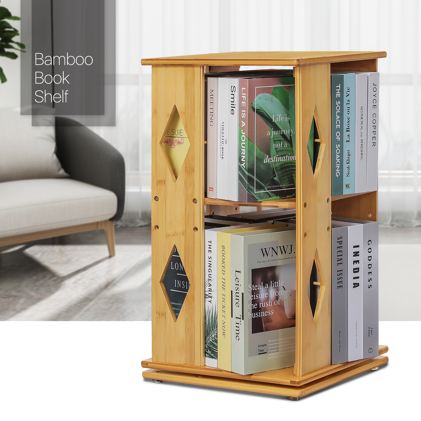 360° Swivel Bookshelf - Diamond Hollow Pattern - 15" - Natural