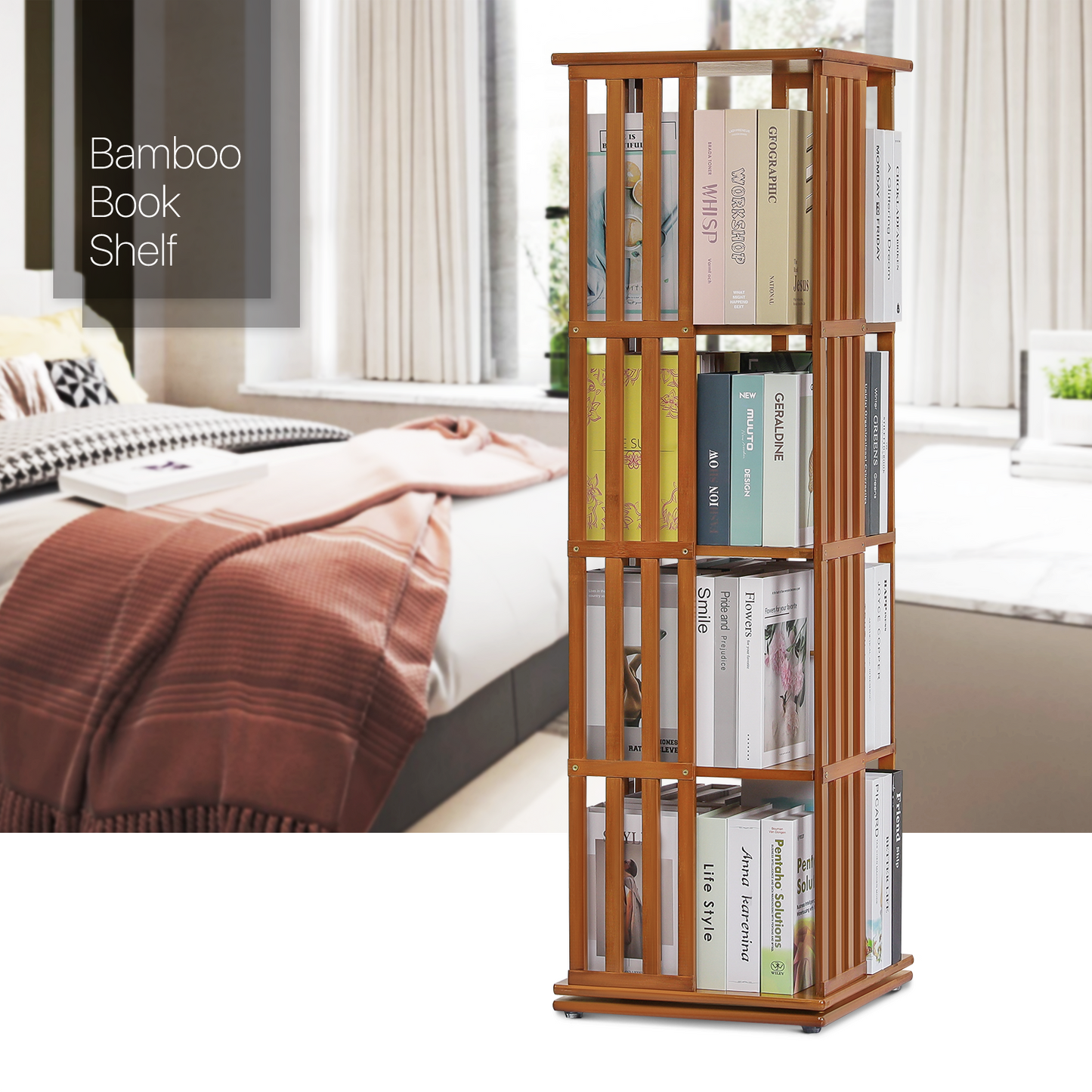 360°Swivel Bookshelf - Vertical Fence Pattern - 15" - Brown