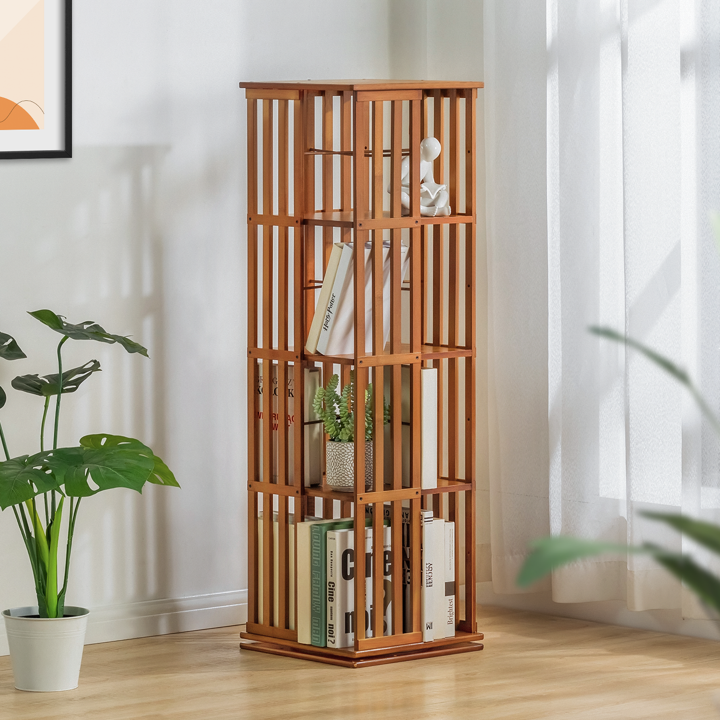 360°Swivel Bookshelf - Vertical Fence Pattern - 15" - Brown