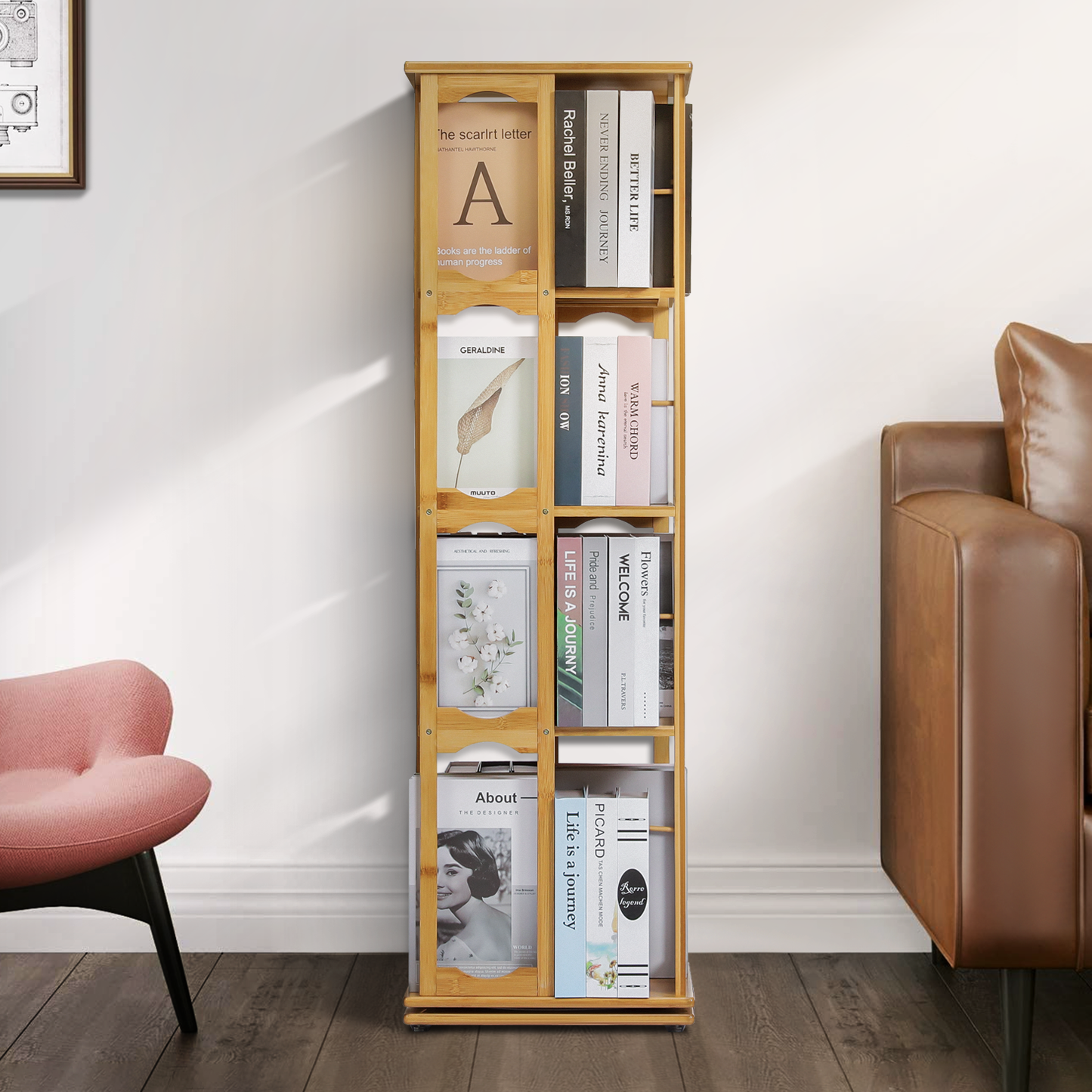 360°Swivel Bookshelf - Semi-Hollow Pattern - 15" - Natural