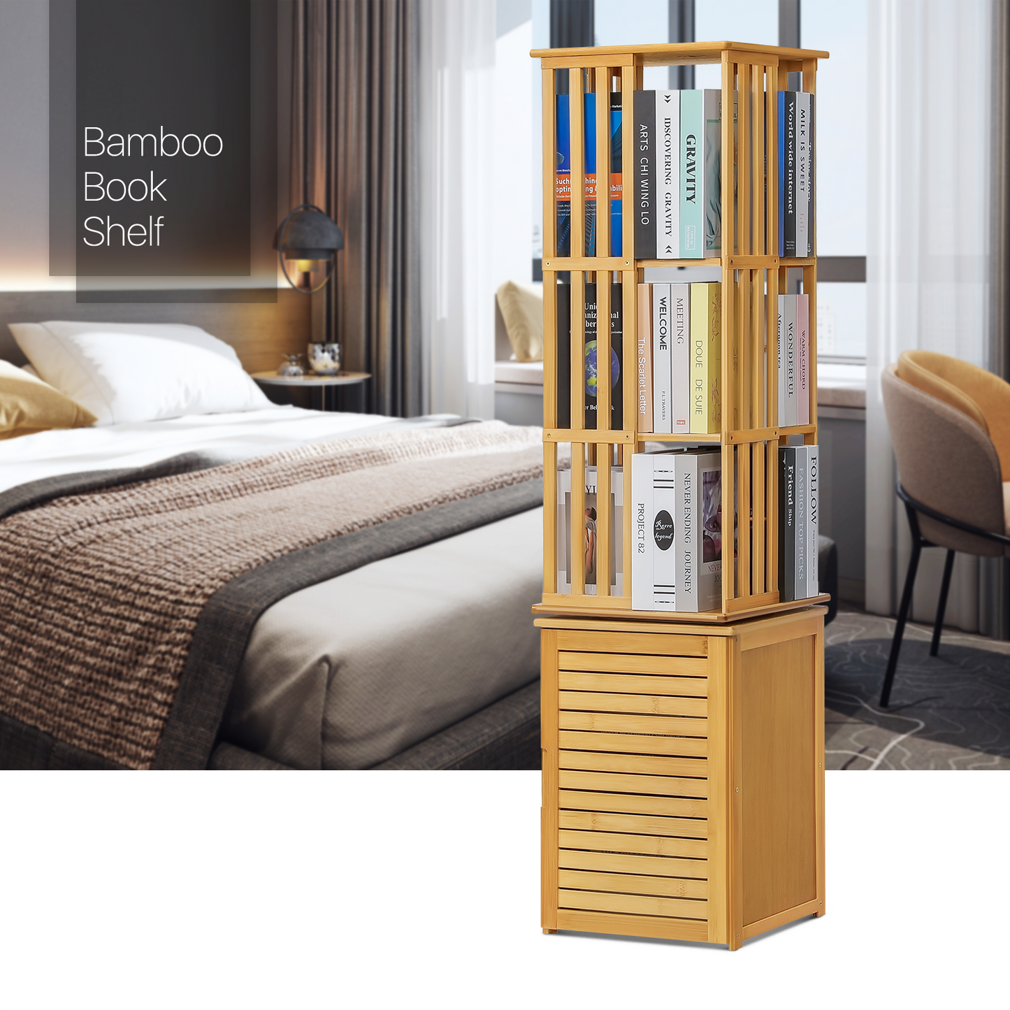 360°Swivel Bookshelf - Vertical Fence Pattern - with Bottom Cabinet Storage - 15" - Natural