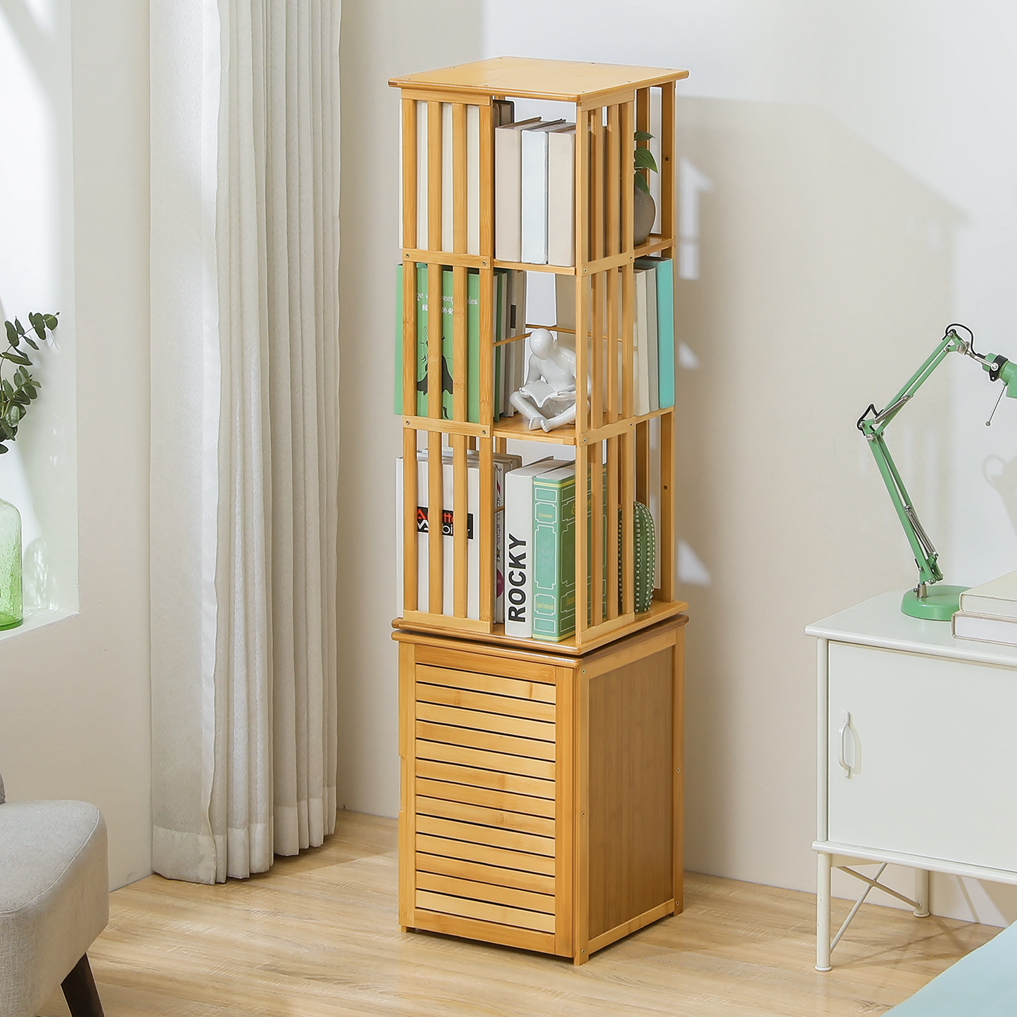 360°Swivel Bookshelf - Vertical Fence Pattern - with Bottom Cabinet Storage - 15" - Natural