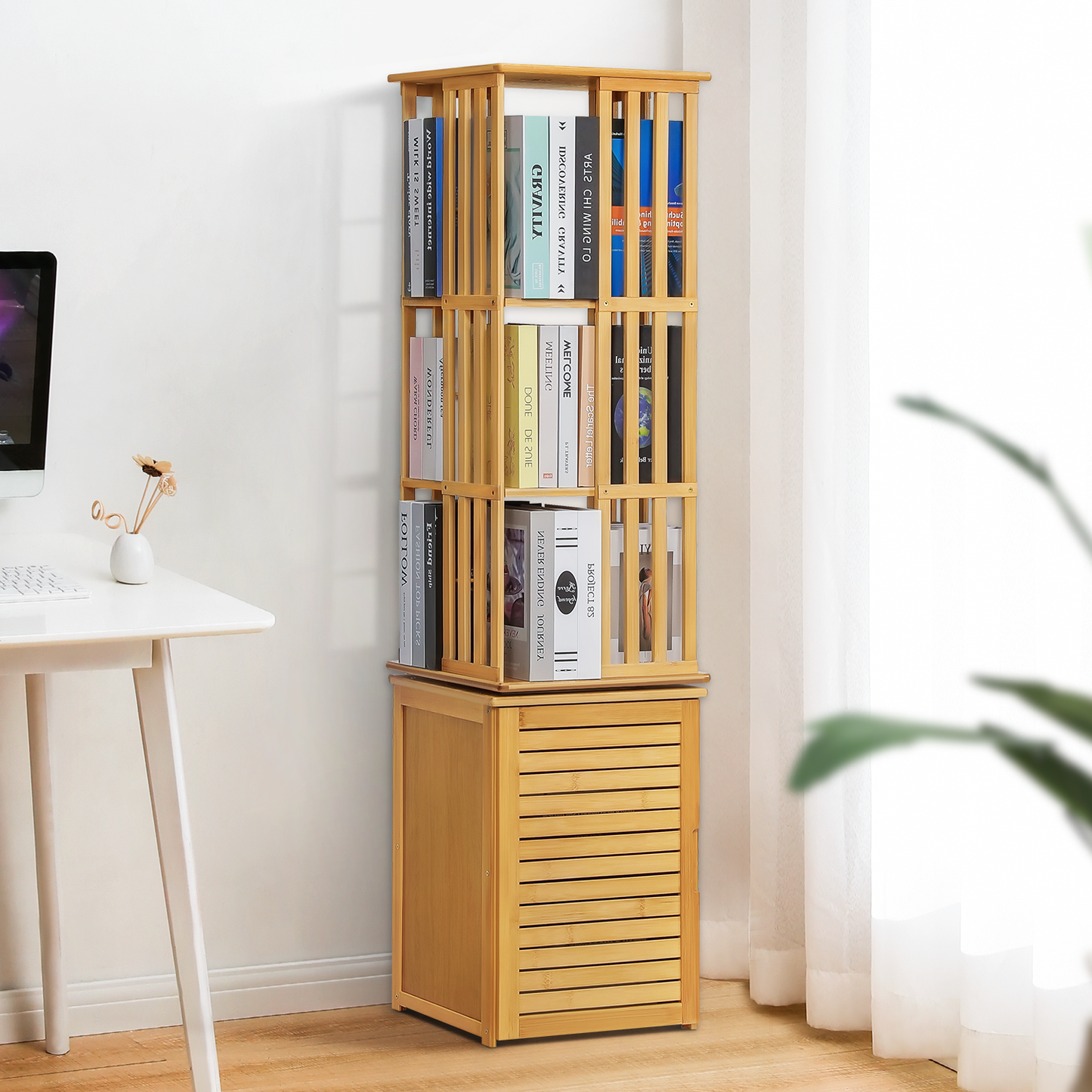 360°Swivel Bookshelf - Vertical Fence Pattern - with Bottom Cabinet Storage - 15" - Natural