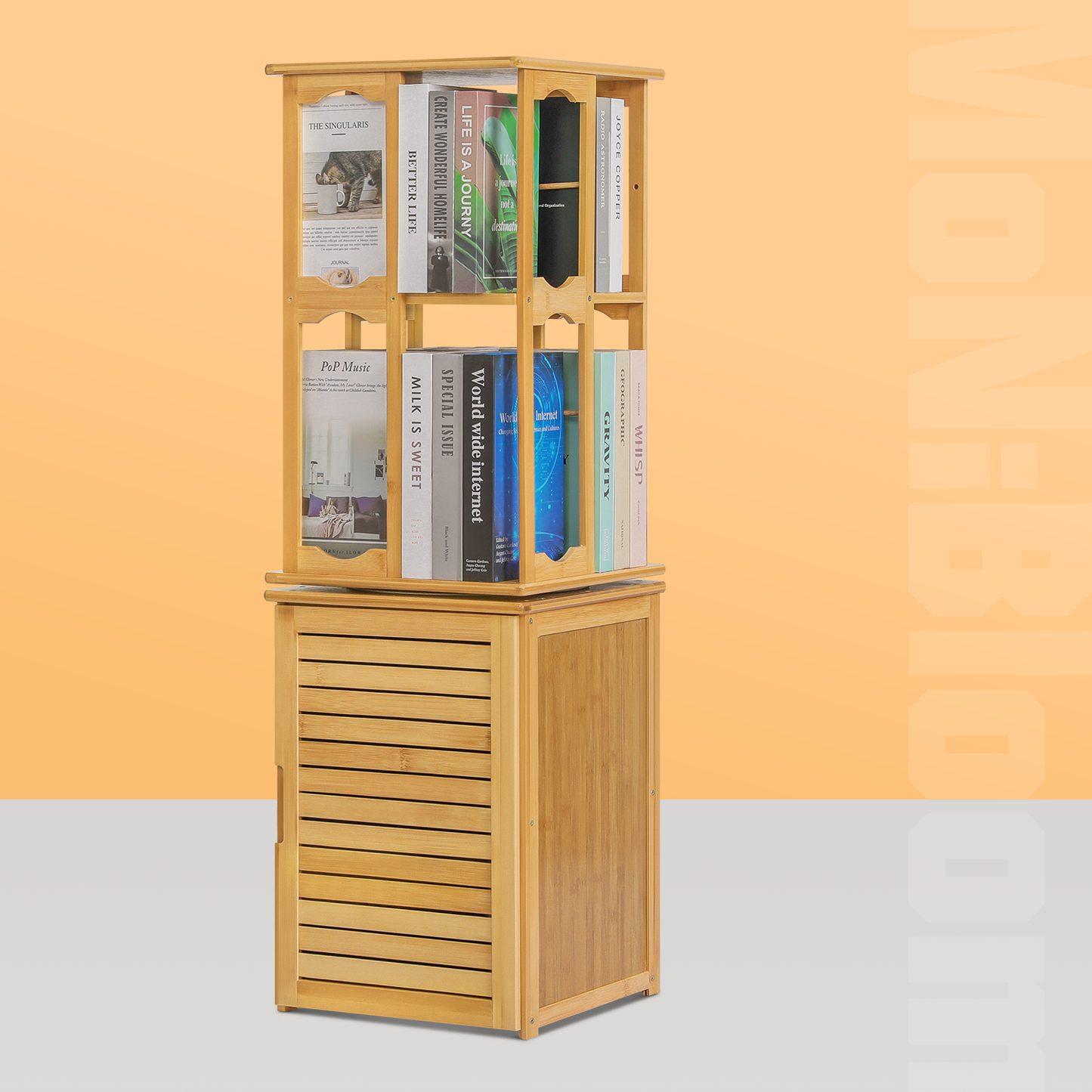 360°Swivel Bookshelf - Oval Hollow Pattern - with Bottom Cabinet Storage - 15" - Natural