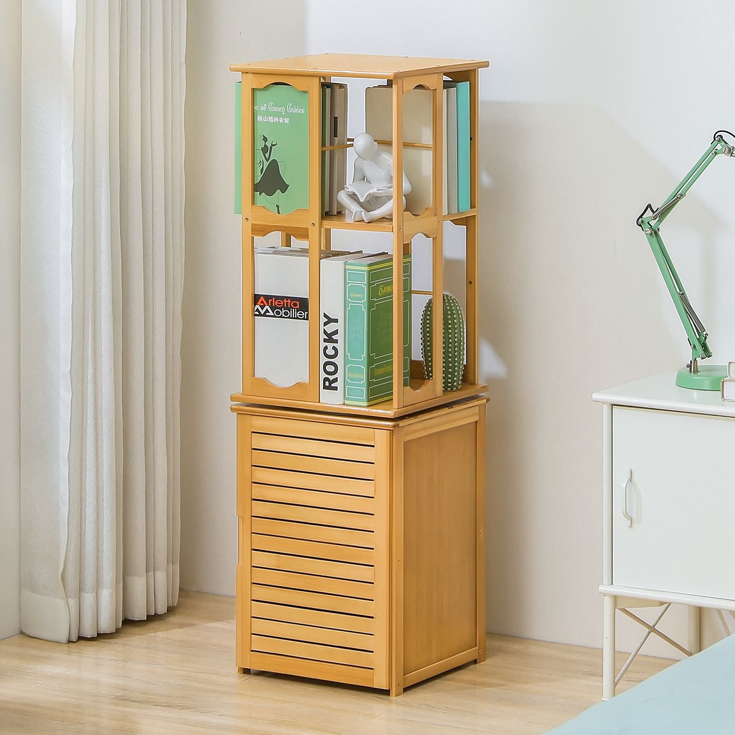 360°Swivel Bookshelf - Oval Hollow Pattern - with Bottom Cabinet Storage - 15" - Natural
