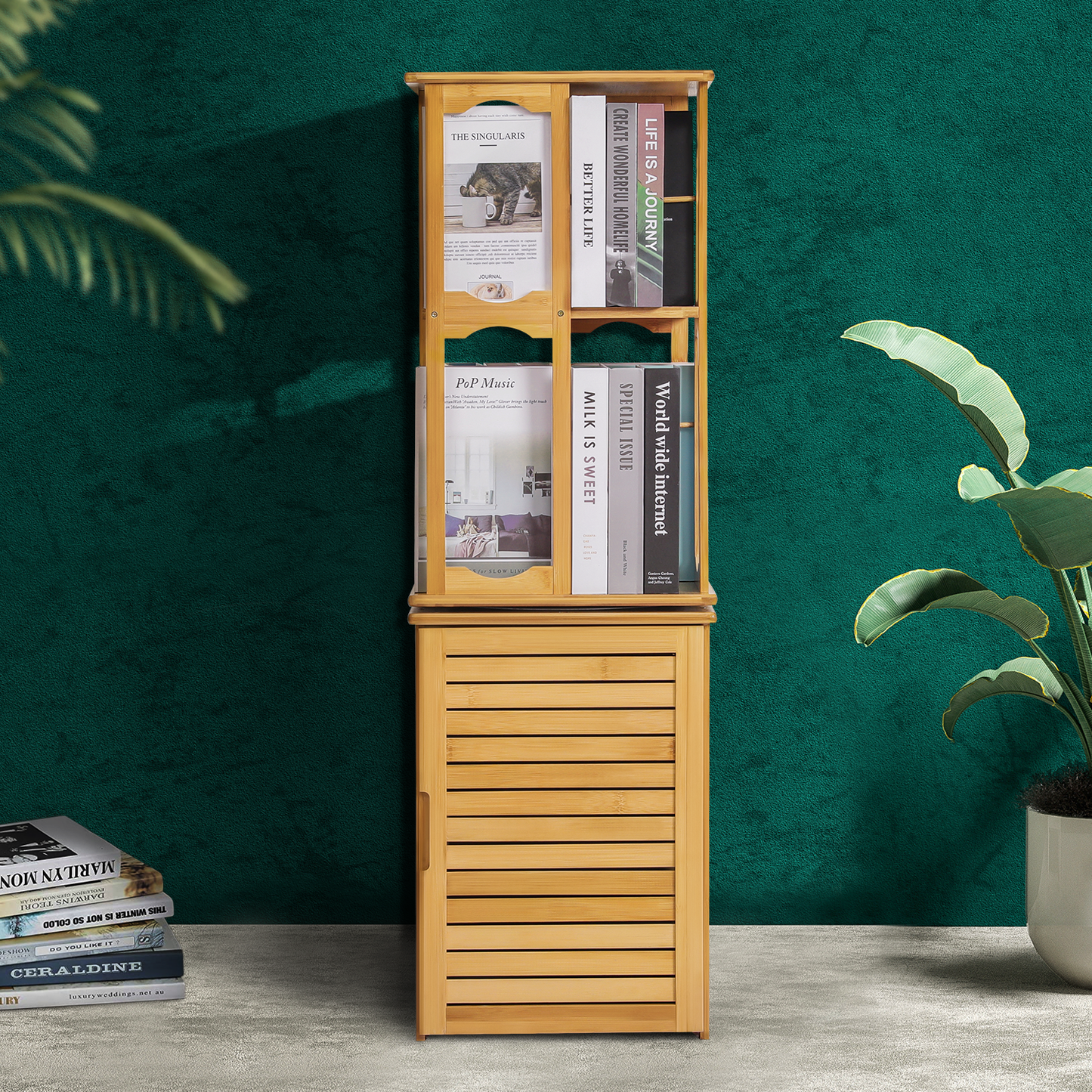 360°Swivel Bookshelf - Oval Hollow Pattern - with Bottom Cabinet Storage - 15" - Natural